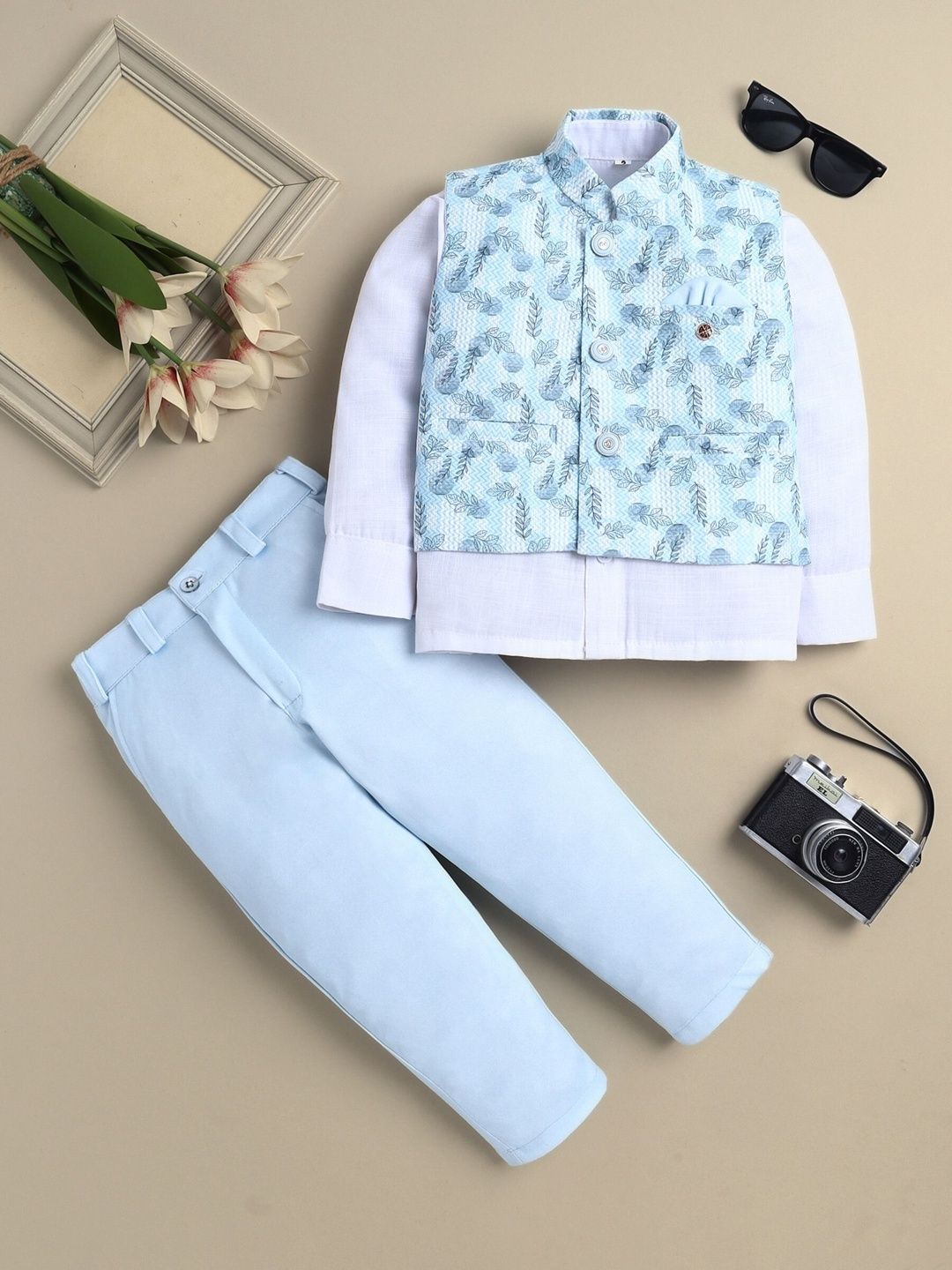 Sangria Boys Leaf Printed 3 Piece Single-Breasted Suit