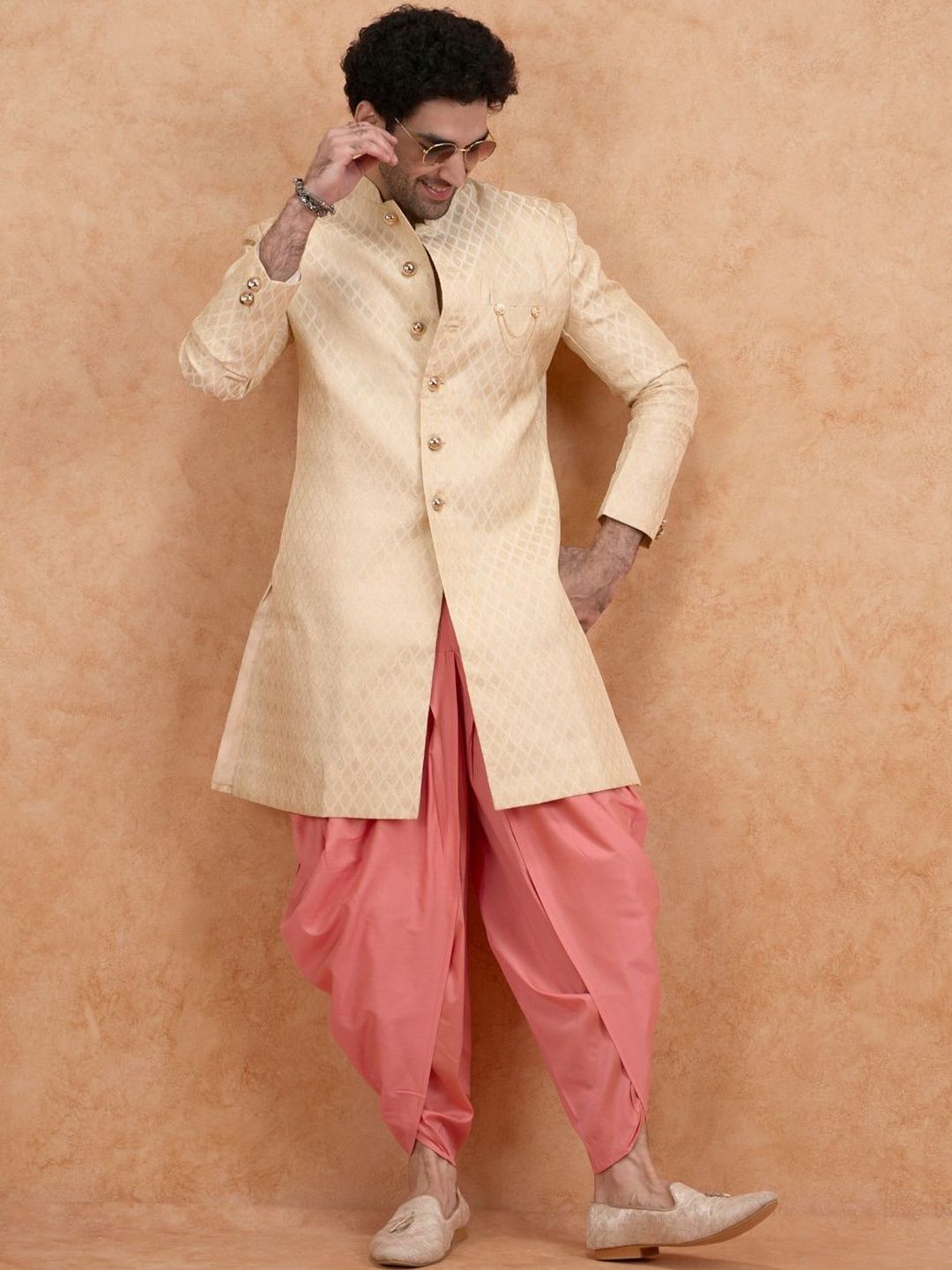 KISAH Men Cream Jacquard Indowestern Sherwani & Dhoti Set