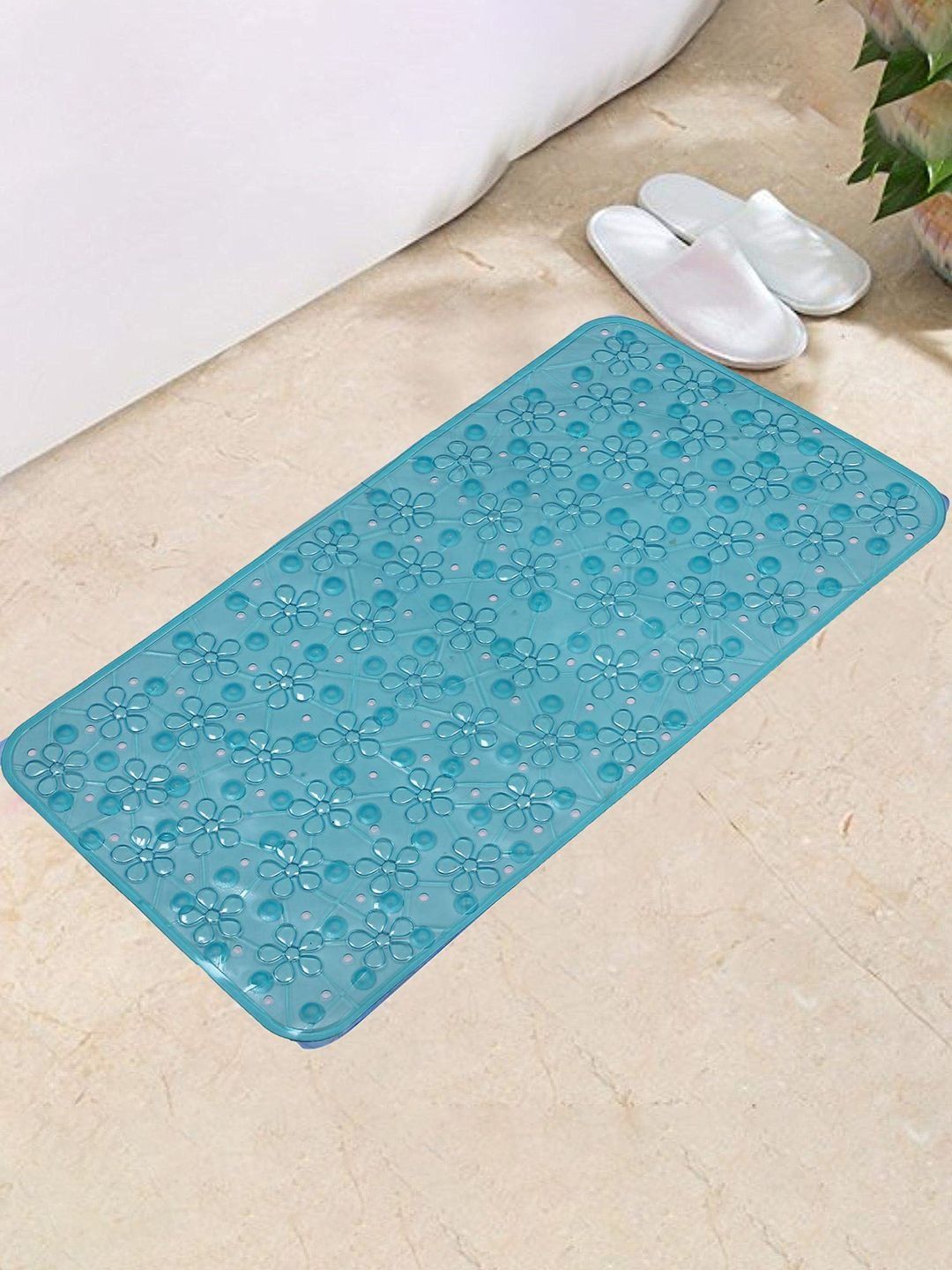 Kuber Industries Blue Flower Design 120 GSM Anti-Skid Bath Rugs with Suction Cups