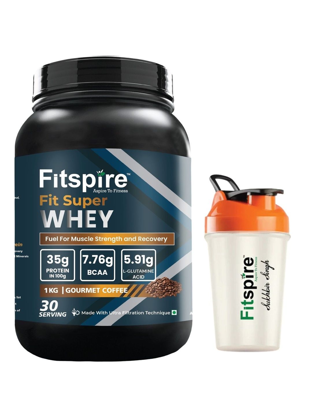 FITSPIRE FITSPIRE Fit Super Whey Protein - 1 Kg - Gourmet Coffee With Shaker