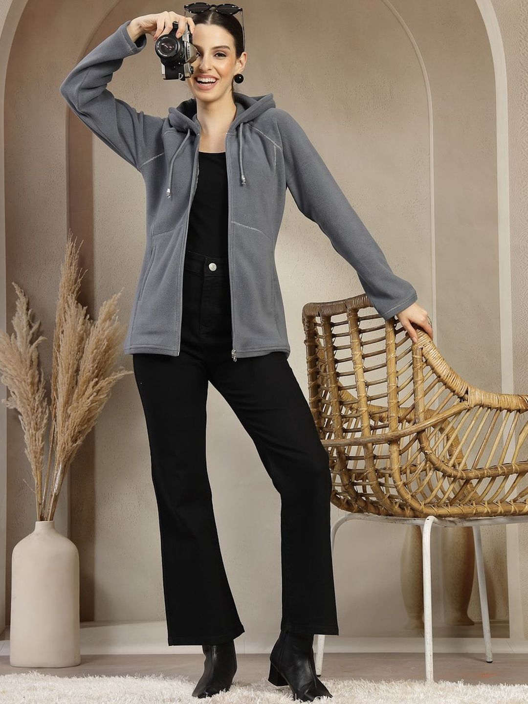 Nayam By Lakshita Women Fleece Crop Open Front Jacket