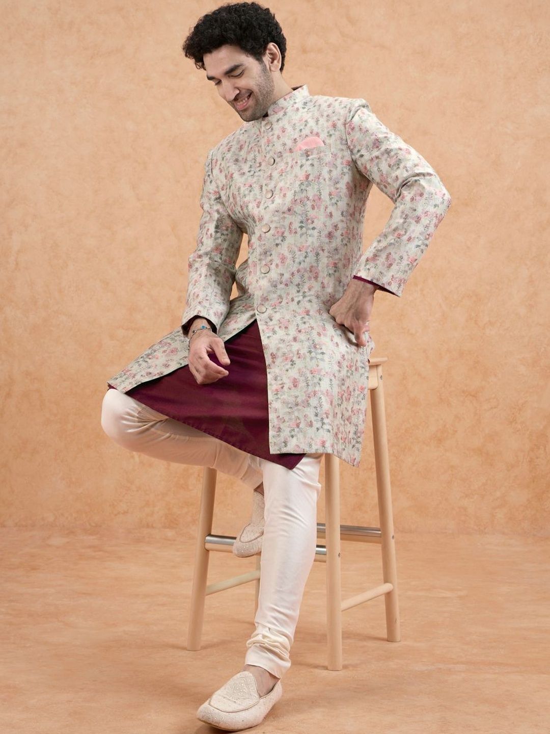 KISAH Men Jacquard Kurta Indowestern Sherwani Churidar Set