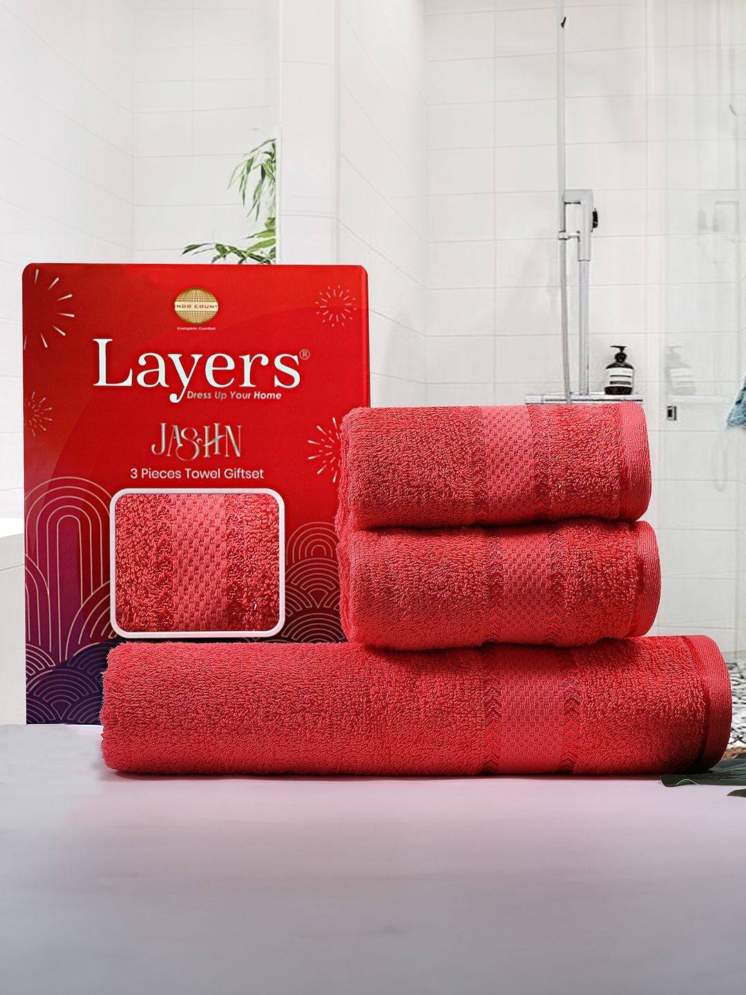 Layers Jashn Set of 3 Cotton 380 GSM Red Towel