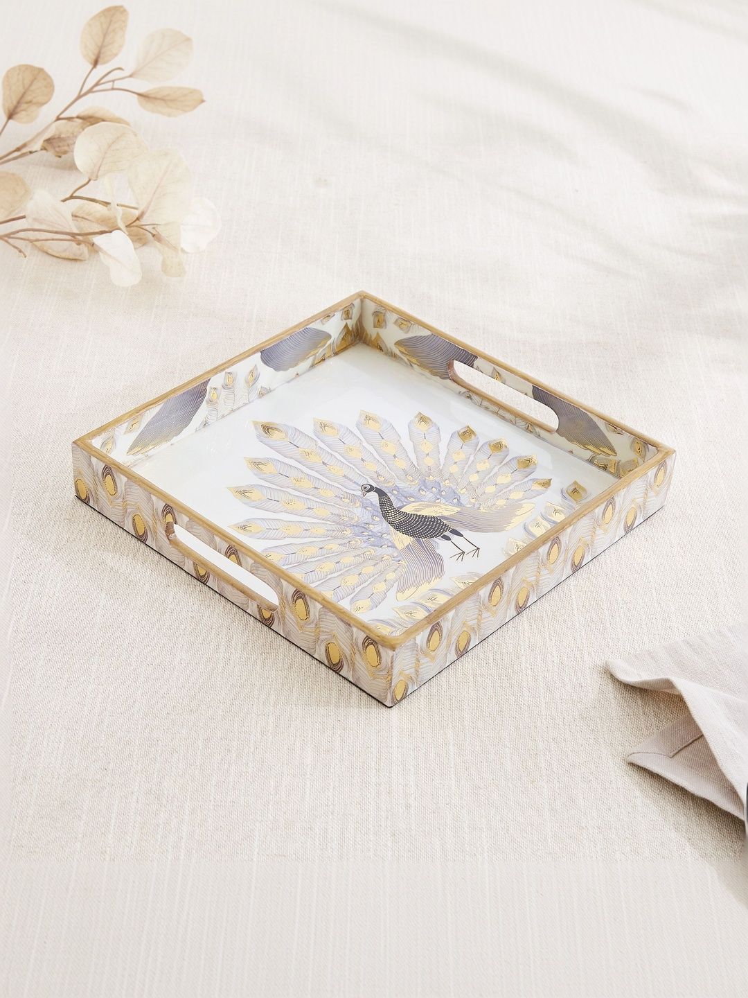 Home Centre Corsica Hues Wooden Peacock Serving Tray - 24x24x4.5cm