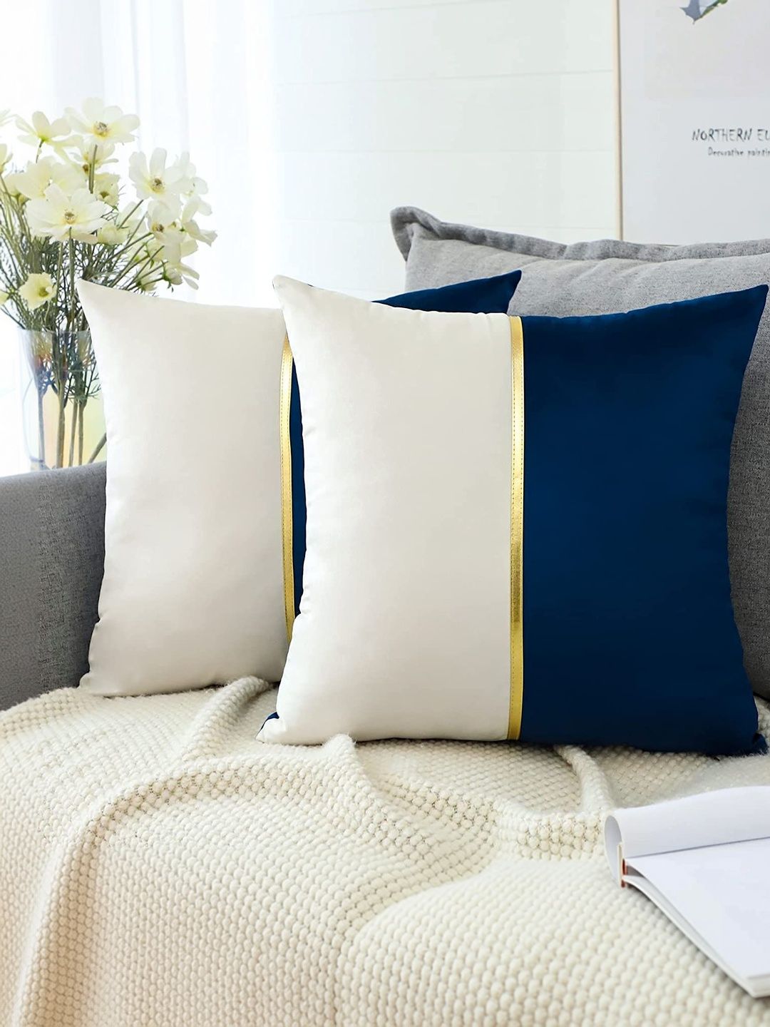 Vinayaka Fab Vinayaka Fab Blue & White Set of 2 Striped Velvet Square Cushion Covers