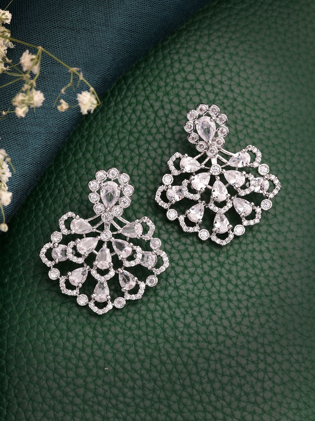 ZENEME Rhodium Plated American Diamond Studded Earrings