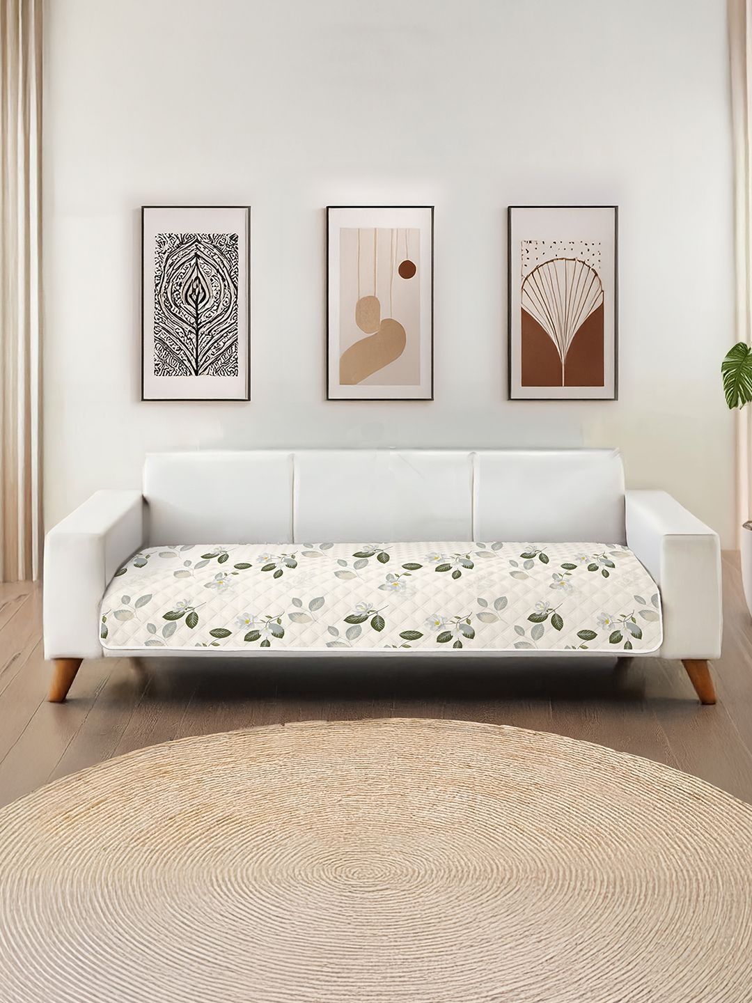 URBAN SPACE Green & White Printed Microfiber 2 Seater Sofa Cover