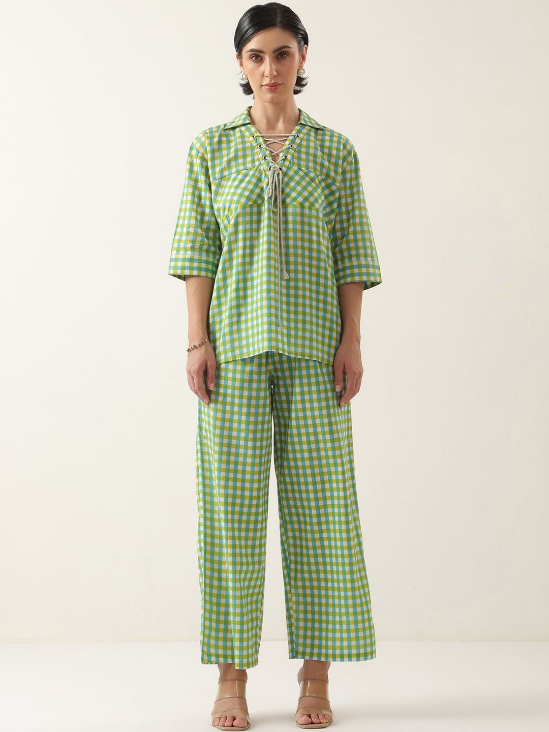 SANSKRUTIHOMES Checked Pure Cotton Top With Trousers Co-Ords