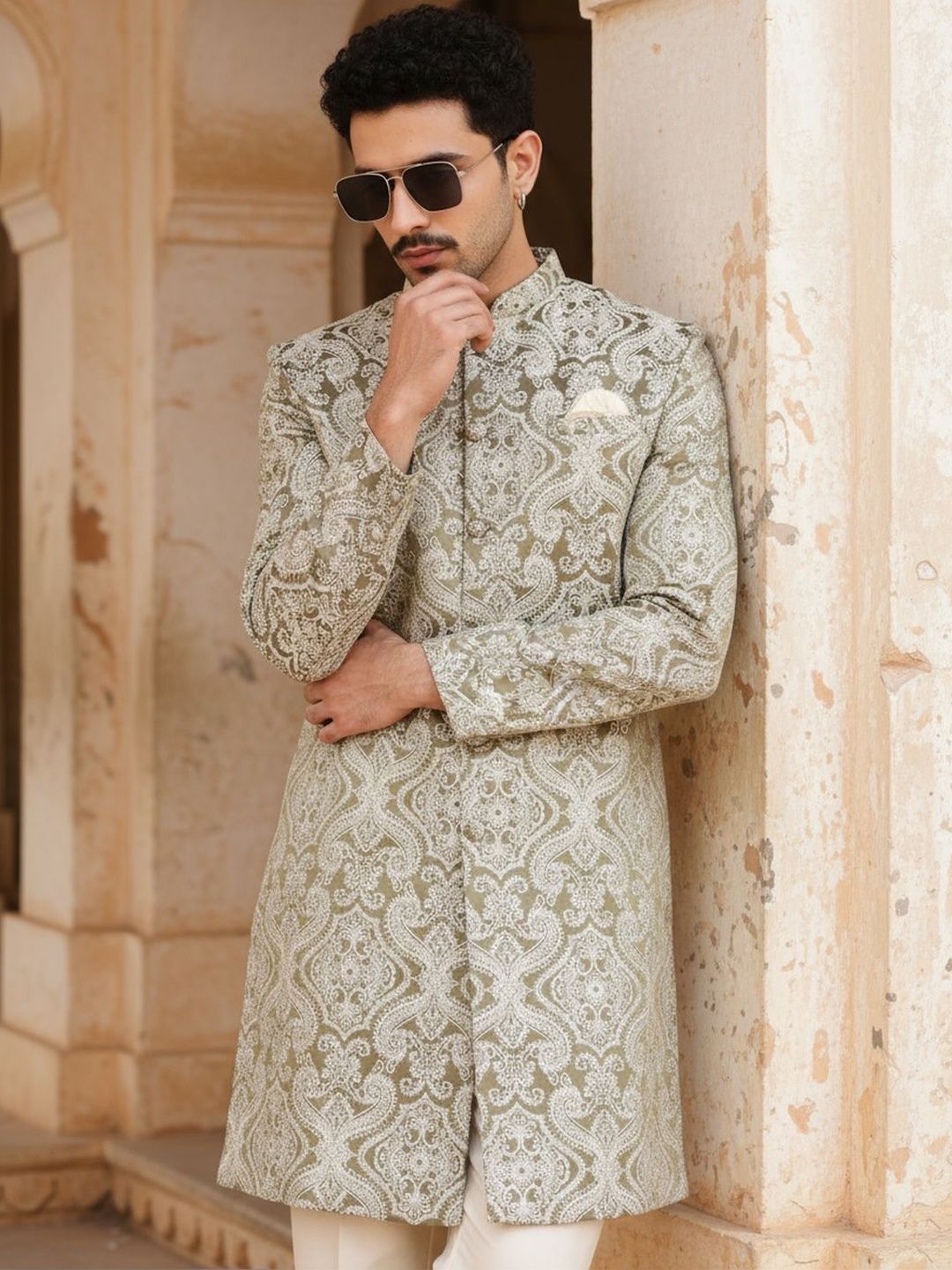 KISAH Men Green Textured Indowestern Sherwani Trouser Set