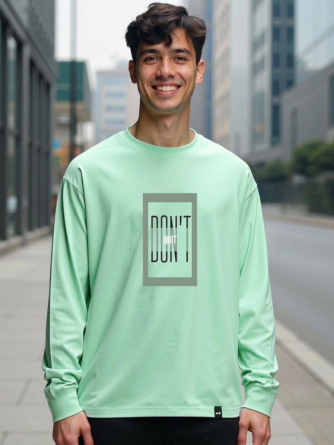 Bewakoof Men Bird Egg Green Dont Quit Typography Oversized T-shirt