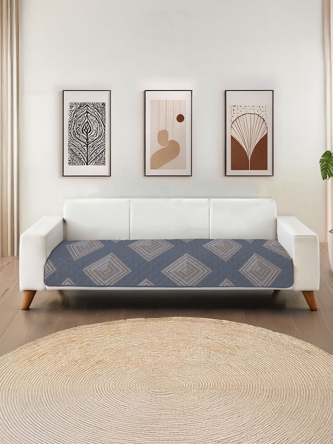 URBAN SPACE Blue & Brown Printed Microfiber 2 Seater Sofa Cover
