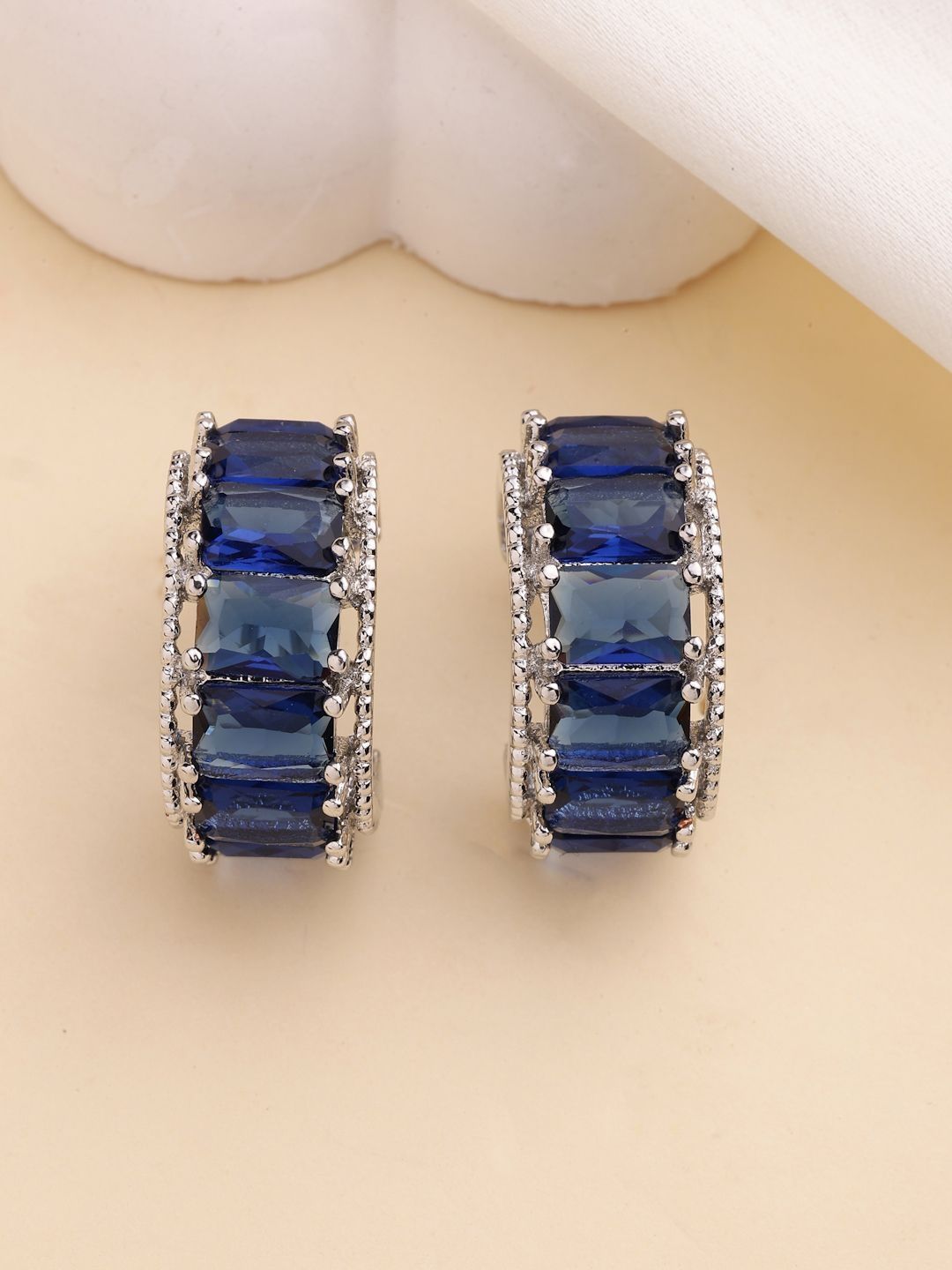 ZENEME Rhodium Plated American Diamond Studded Hoop Earrings