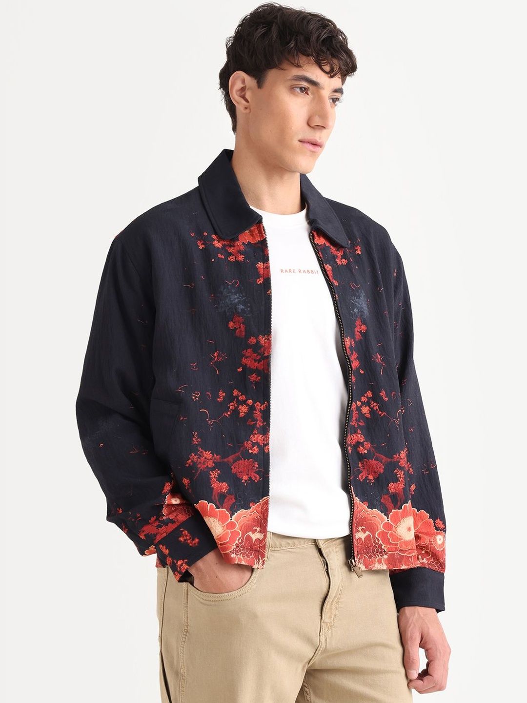 RARE RABBIT Zyra Men Floral Longline Bomber with Embroidered Jacket