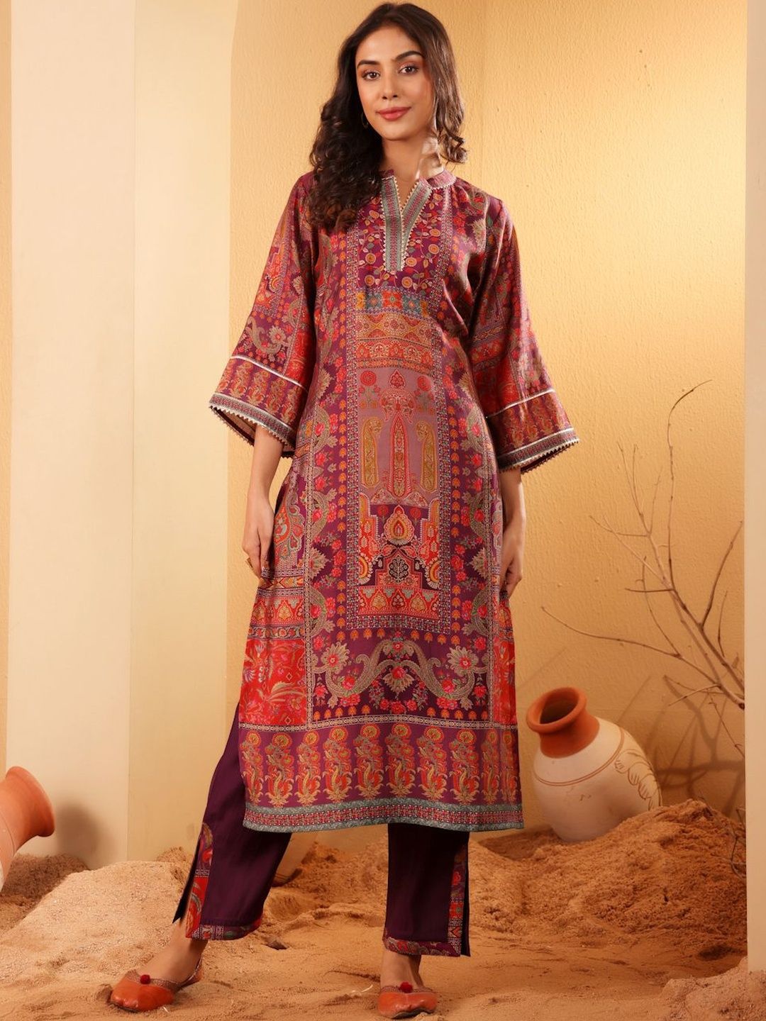 KALINI KALINI Women Ethnic Motifs Printed Regular Chanderi Silk Kurta with Trousers