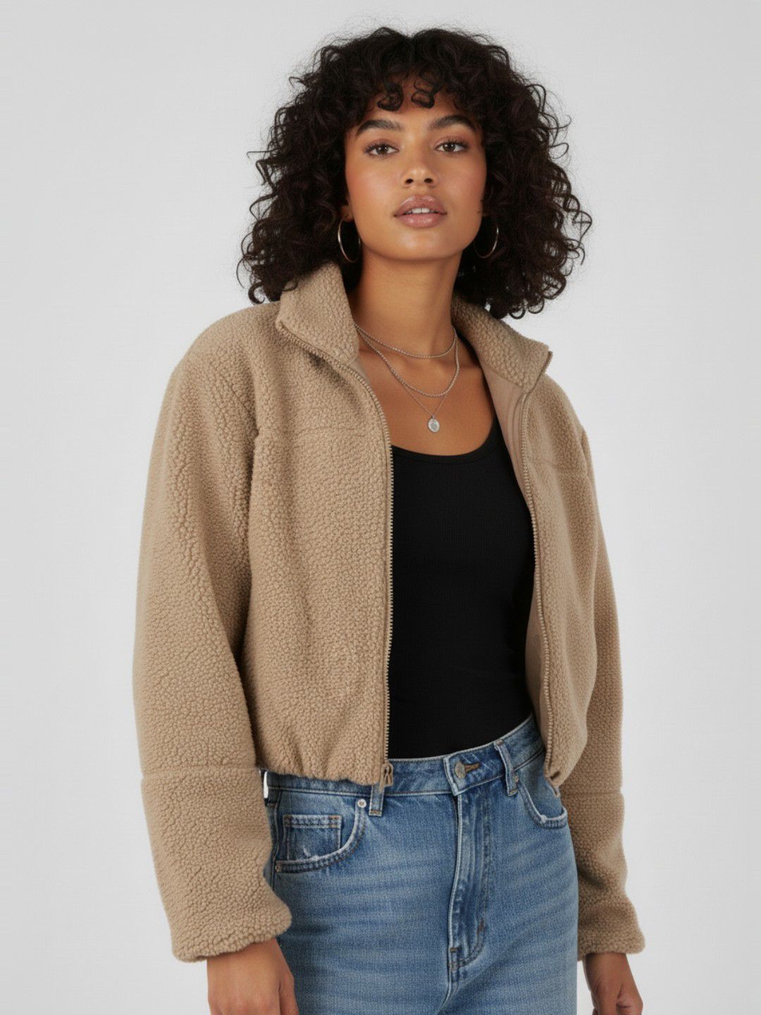 Buy glitchez Mock Collar Relaxed Fit Crop Sherpa Jacket - Jackets