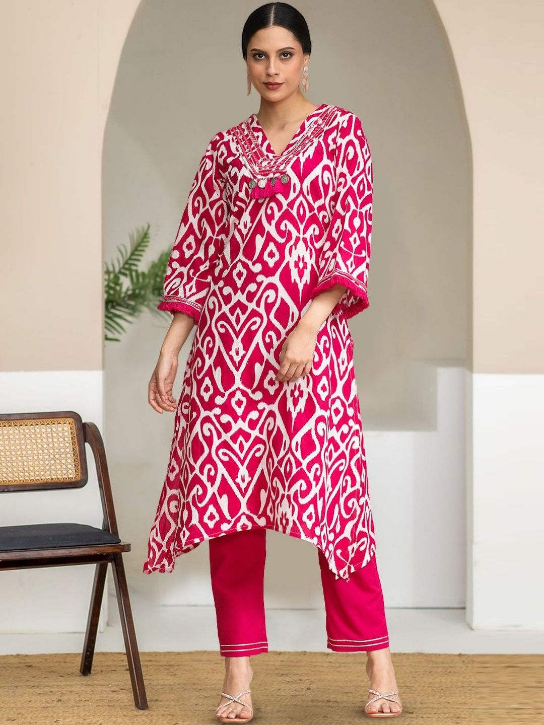 KALINI KALINI Women Ethnic Motifs Printed Regular Thread Work Pure Cotton Kurta with Trousers