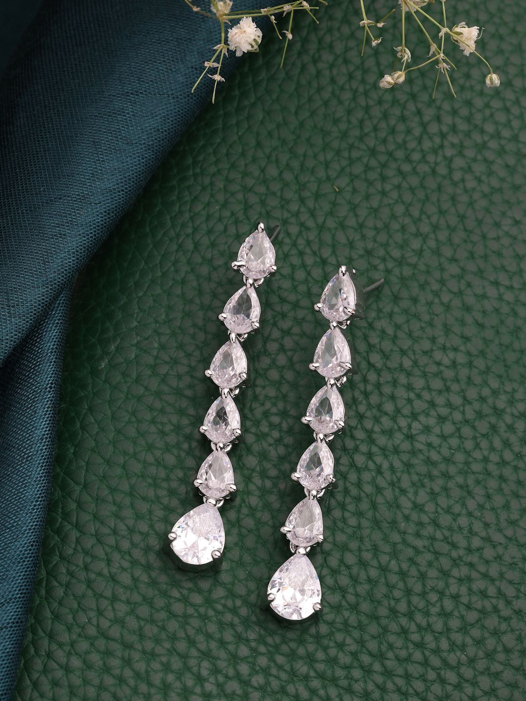 ZENEME Rhodium Plated American Diamond Studded Teardrop Shaped Earrings