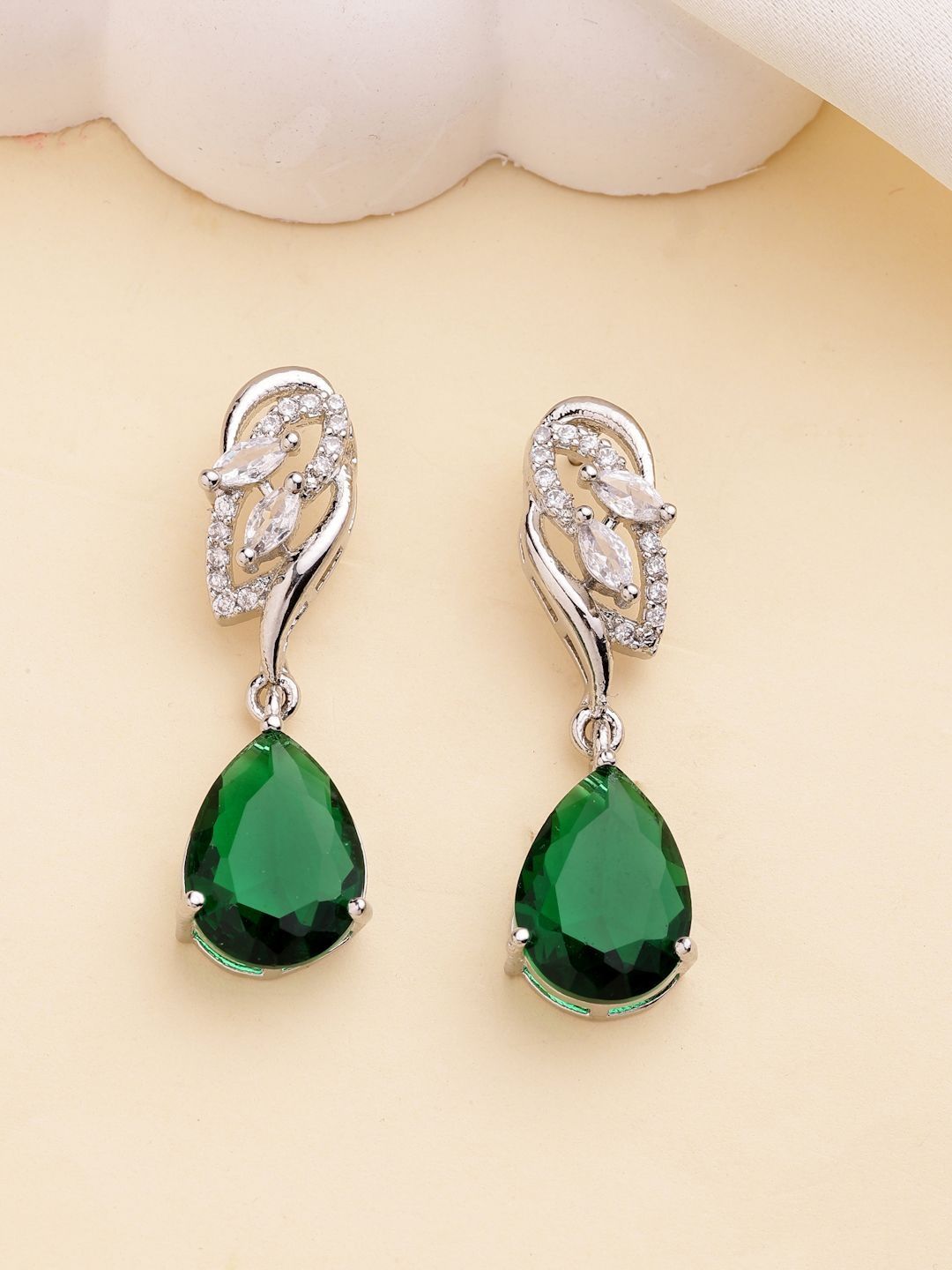 ZENEME Rhodium Plated American Diamond Studded Teardrop Shaped Earrings