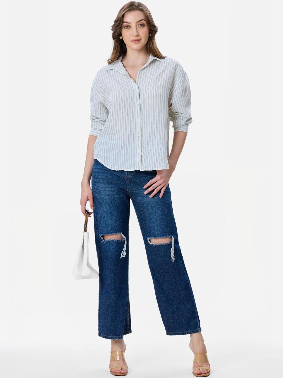 Boxy Casual Shirt Virgio Women Striped Linen Long Sleeve Oversized Collar Shirts