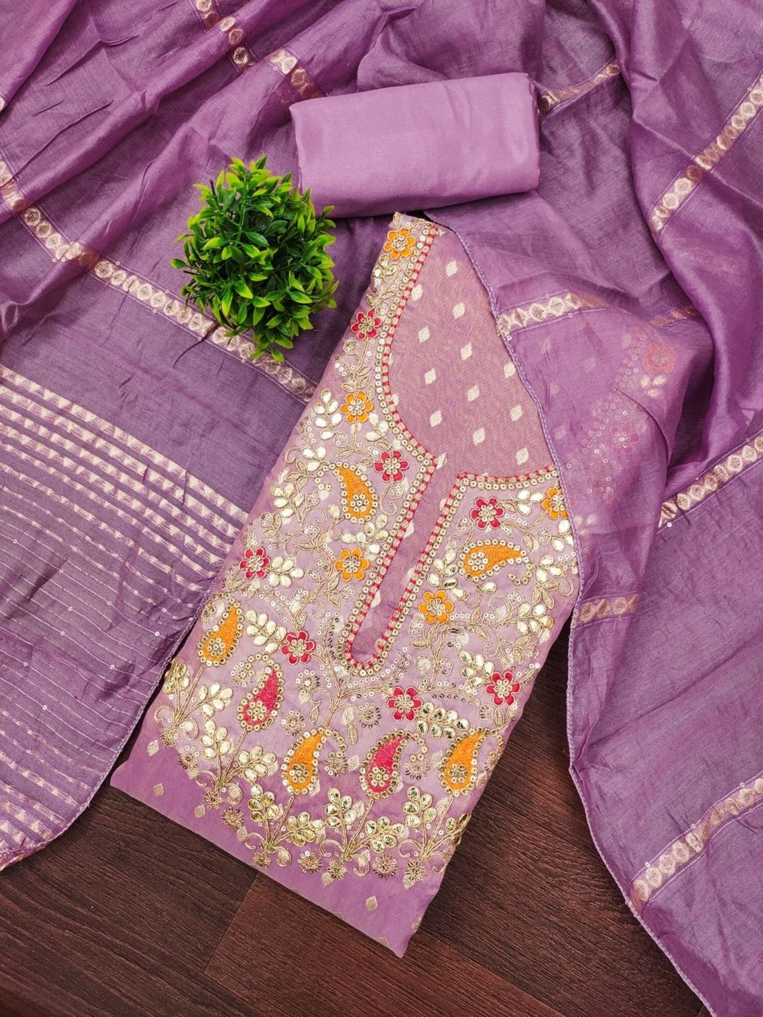 KALINI Embroidered Art Silk Unstitched Dress Material