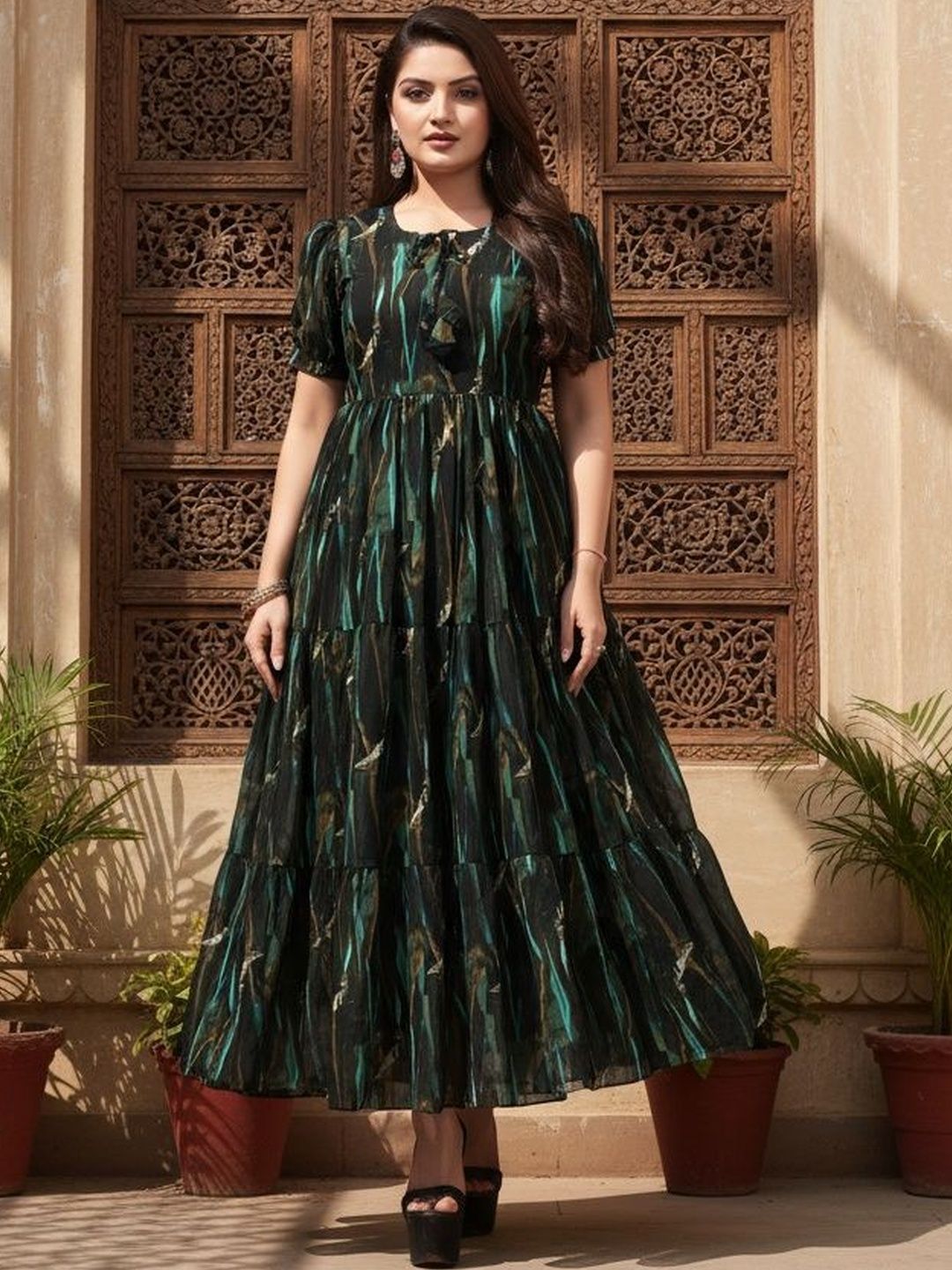 SZN Women Abstract Printed Flutter Sleeve A-Line Midi Dress