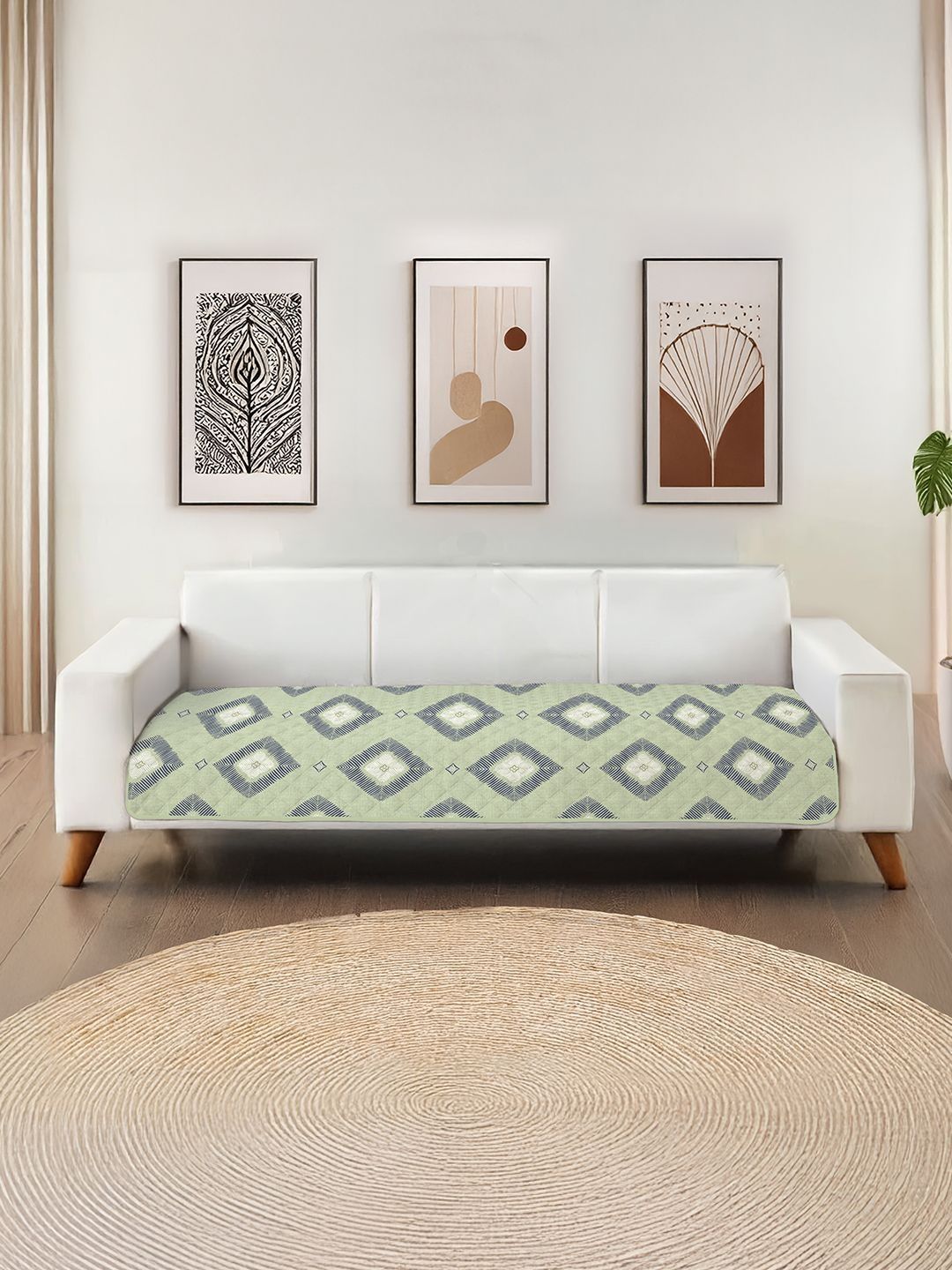 URBAN SPACE Beige & Sea Green Printed Microfiber 3 Seater Sofa Cover