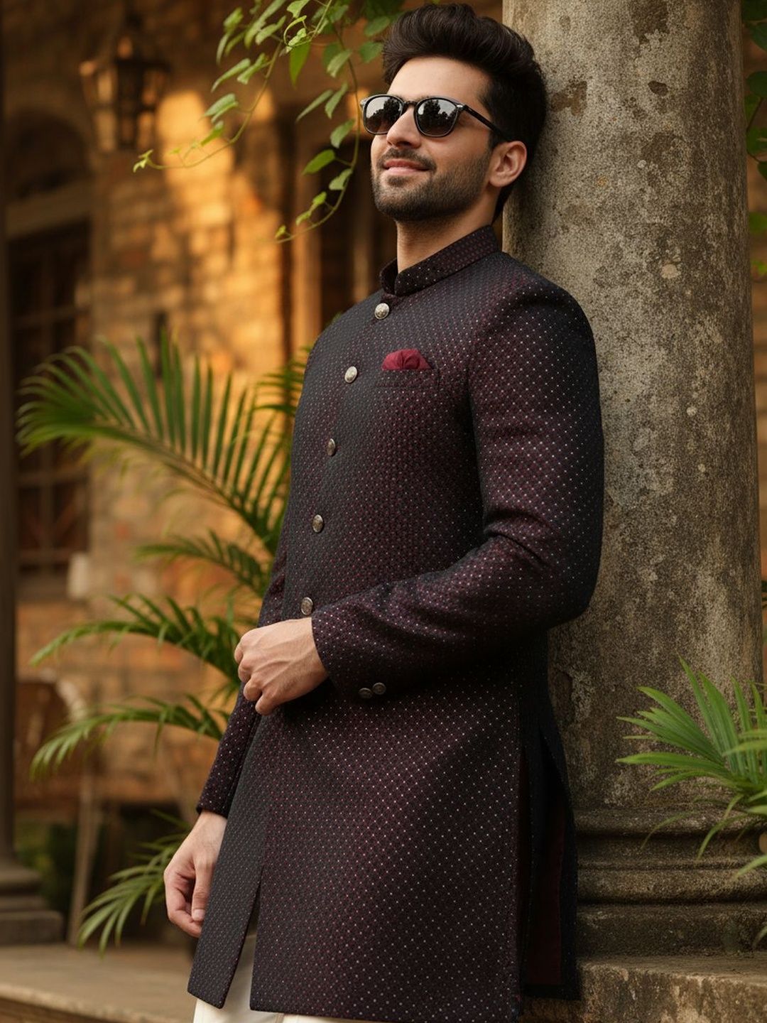 KISAH Men Maroon Self Design Indowestern Sherwani & Trouser Set