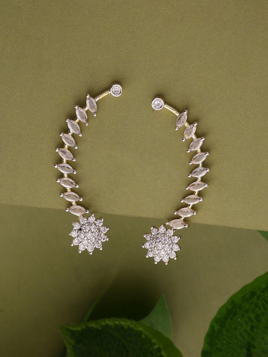 ZENEME Gold Plated American Diamond Studded Floral Shaped Ear Cuff