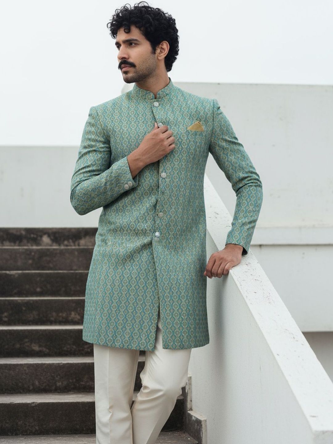 KISAH Men Green Jacquard Indowestern Sherwani Trouser Set