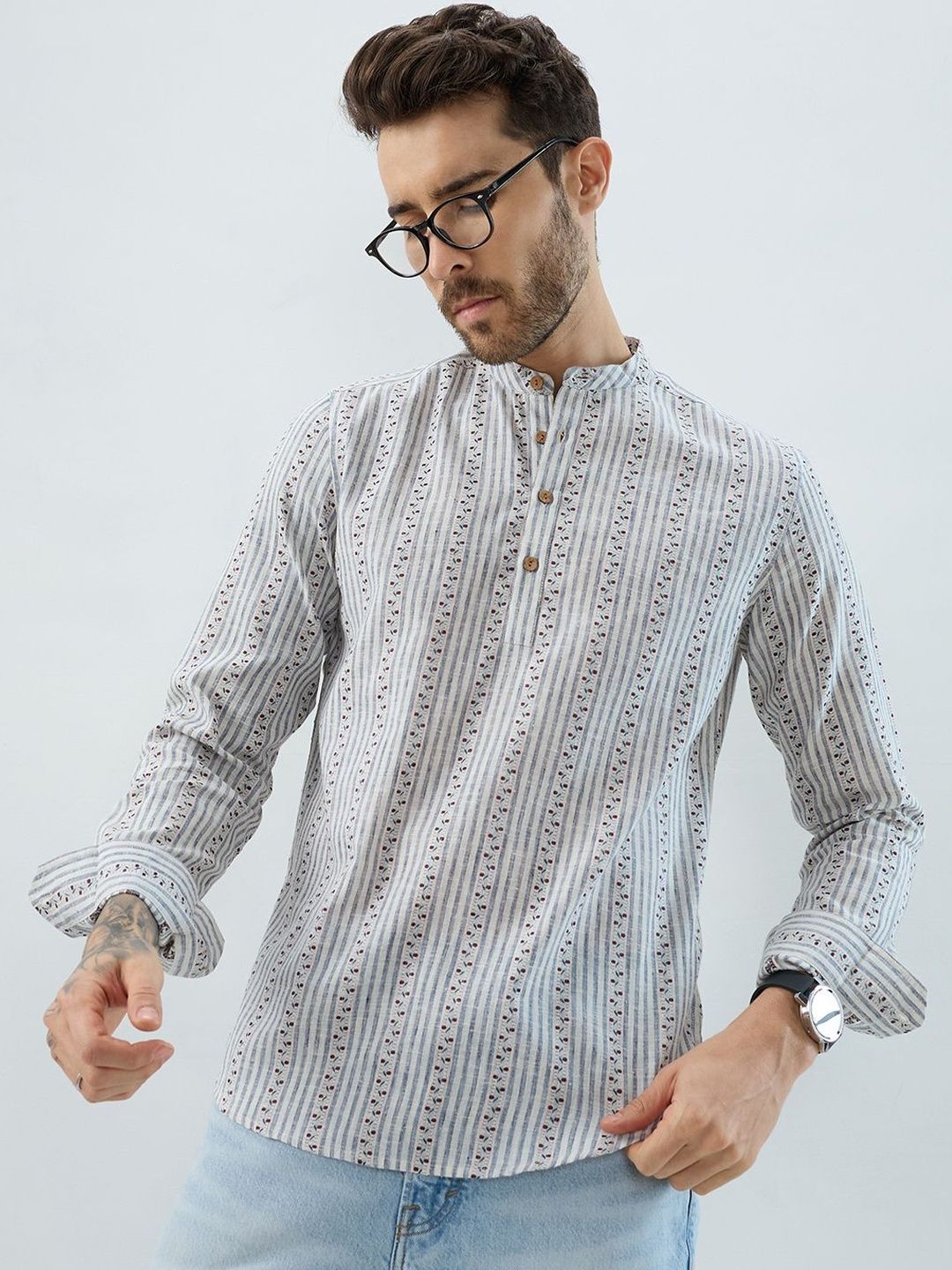 VASTRADO Men Coastal Mist Linen Blend Striped Kurta