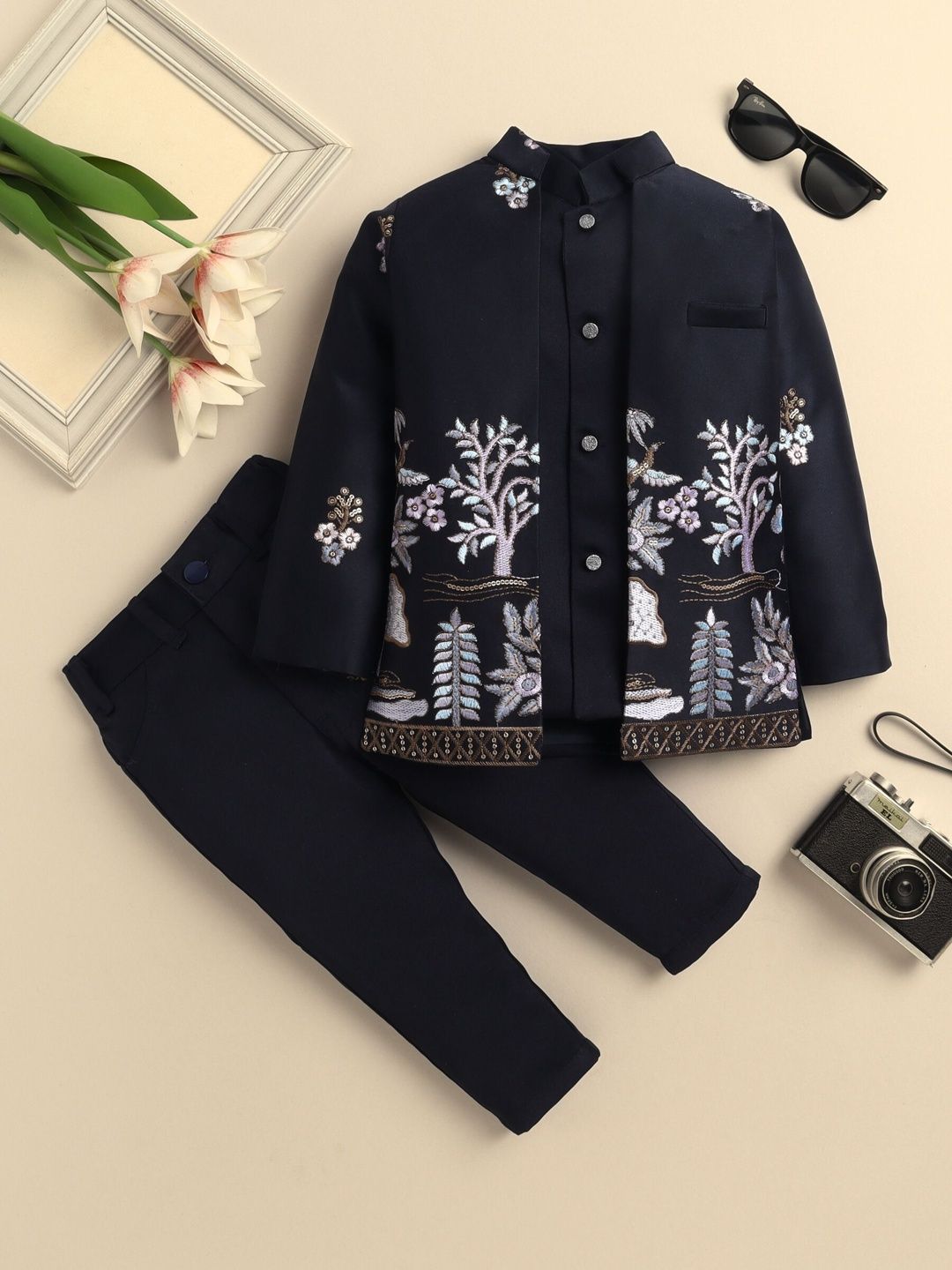 Sangria Boys Embroidered Sequins Mandarin Collar Sherwani Set