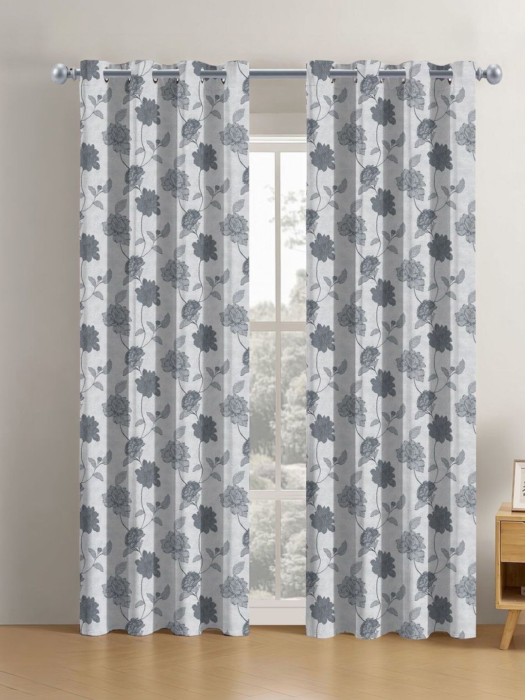 Aura Aura Grey Set of 2 Digital Polyester Floral Door Curtain (7 x 4) ft
