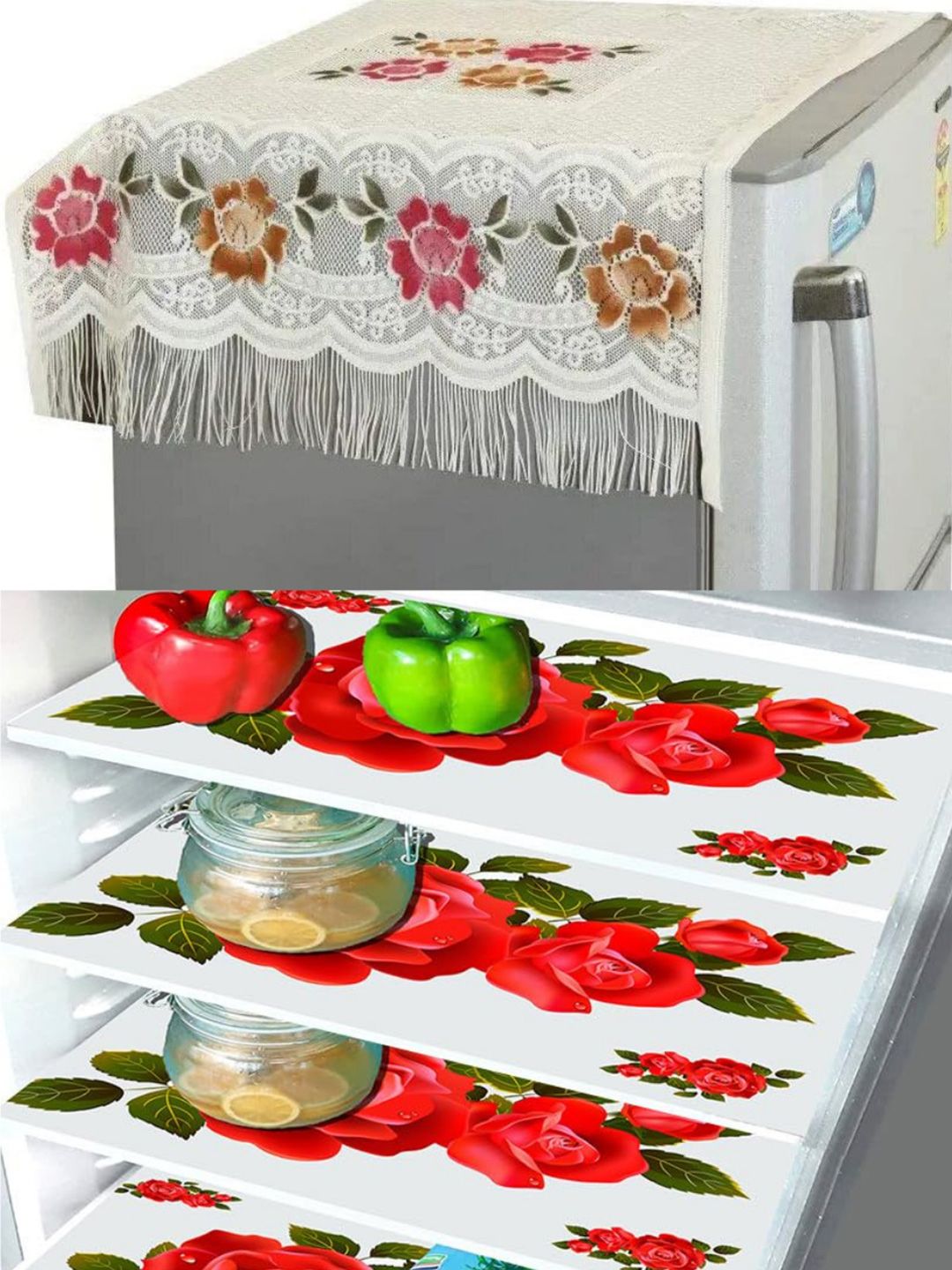 CROSMO Set Of 5 White & Red Fridge Top Cover 4 Waterproof Fridge Mats