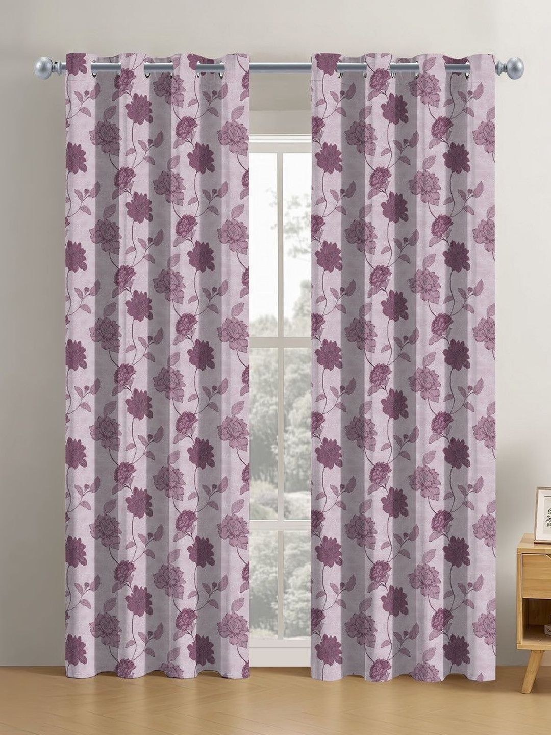 Aura Aura Pink Set of 2 Digital Polyester Floral Door Curtain (7 x 4) ft