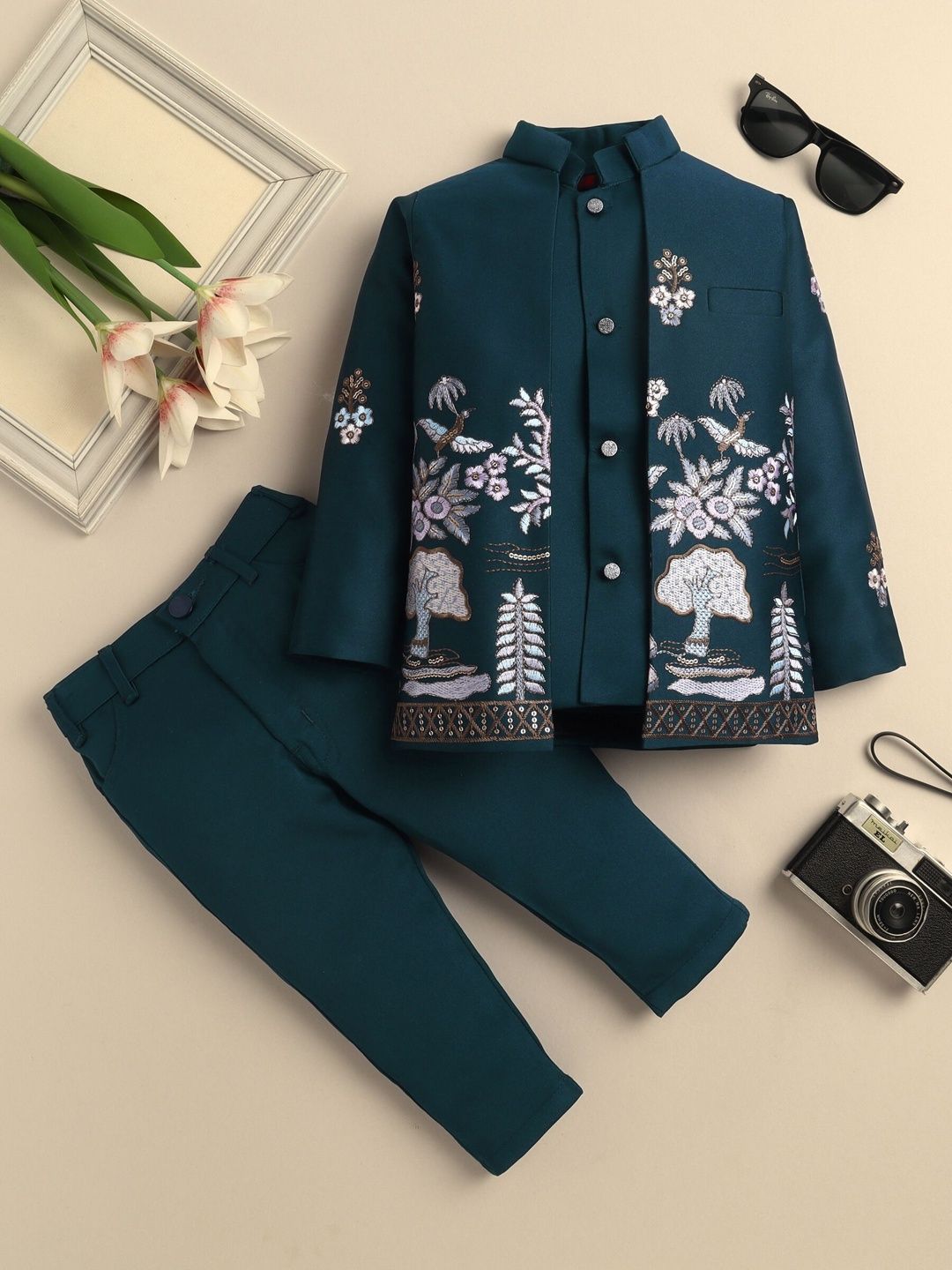 Sangria Boys Embroidered Sequins Mandarin Collar Sherwani Set