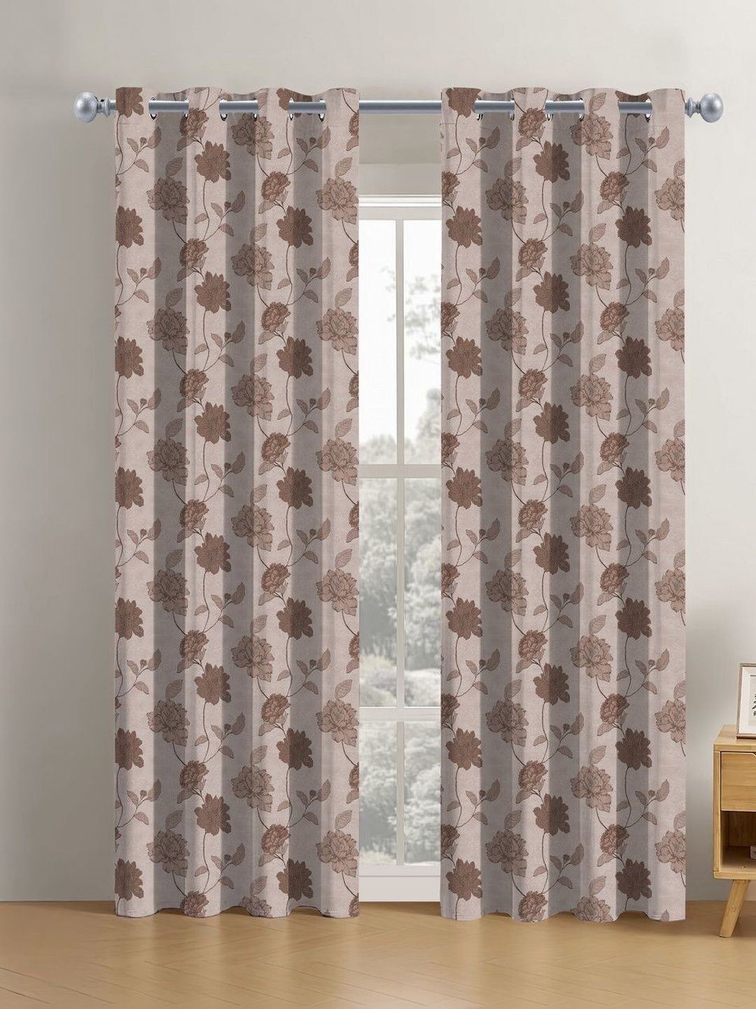 Aura Aura Brown Set of 2 Digital Polyester Floral Door Curtain (7 x 4) ft