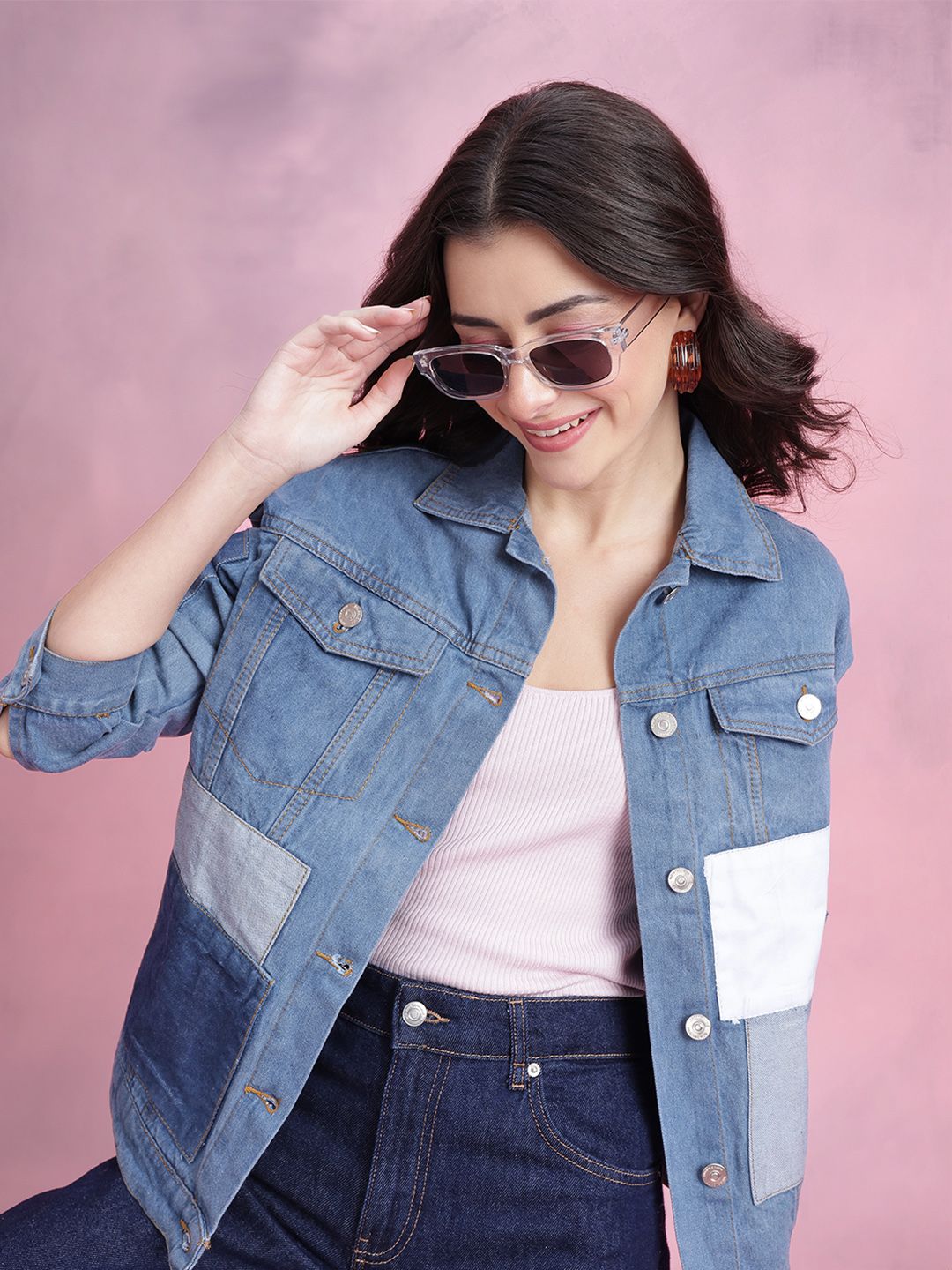 DressBerry Women Colourblocked Patchwork Pure Cotton Denim Jacket