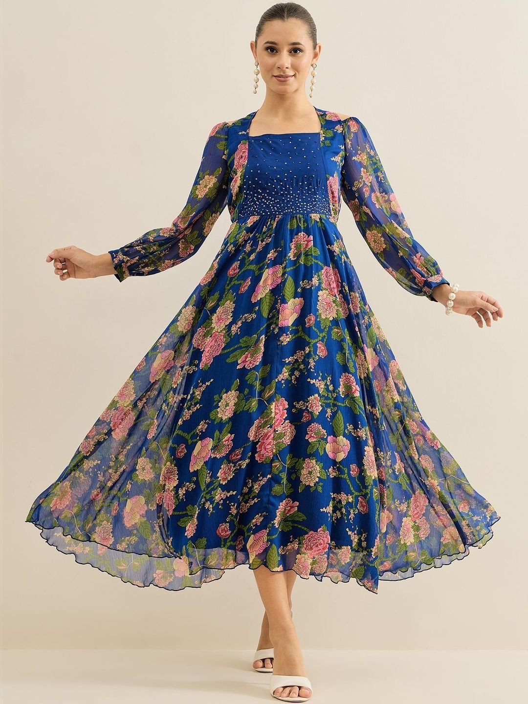Floral Print A-Line Midi Dress Antheaa Embellished Floral Print Chiffon A-Line Midi Dress