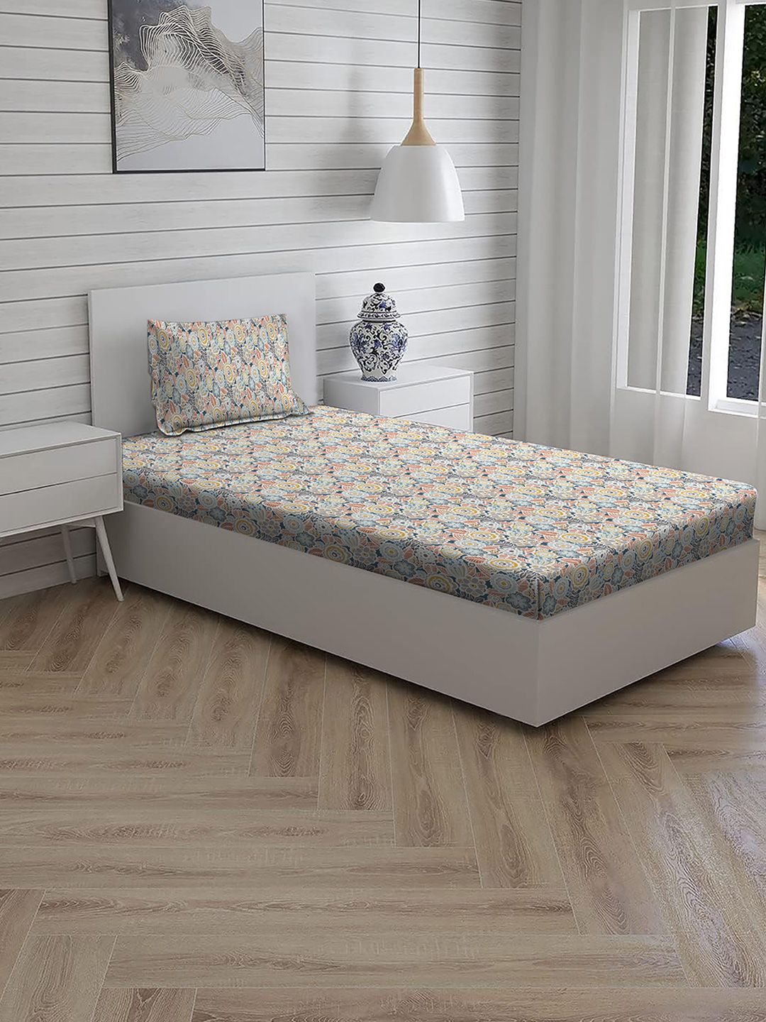 Living scapes by Pantaloons Blue Printed 210 TC Single Bedsheet Sets - 1.52 m x 1.98 m