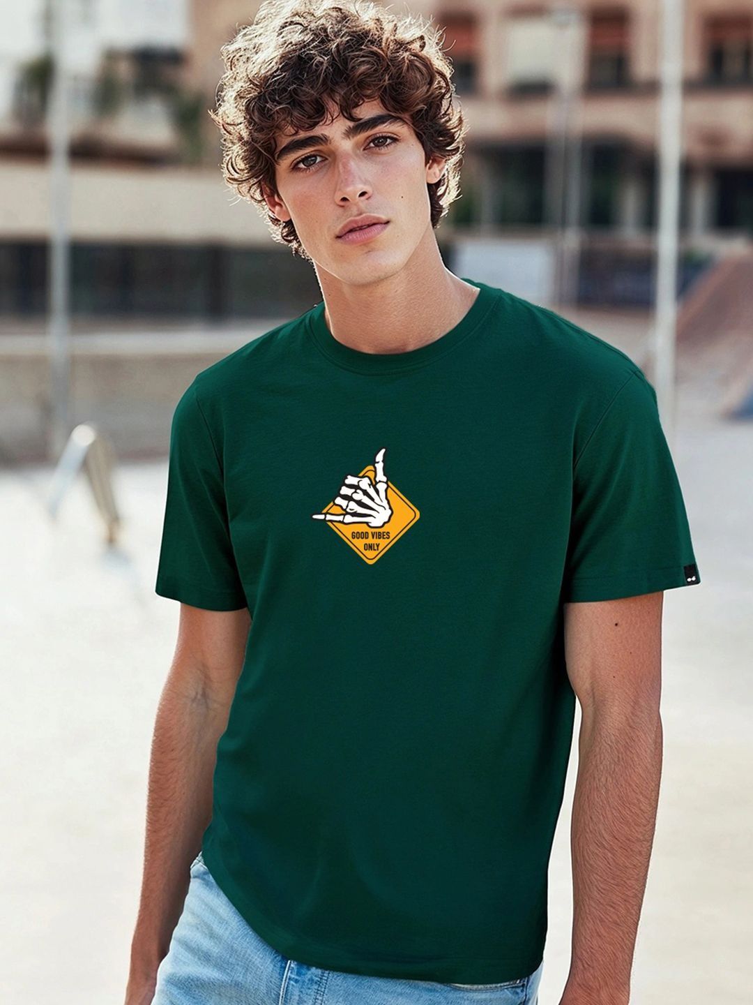 Bewakoof Men Aventurine Green Good Vibes Graphic Printed T-shirt