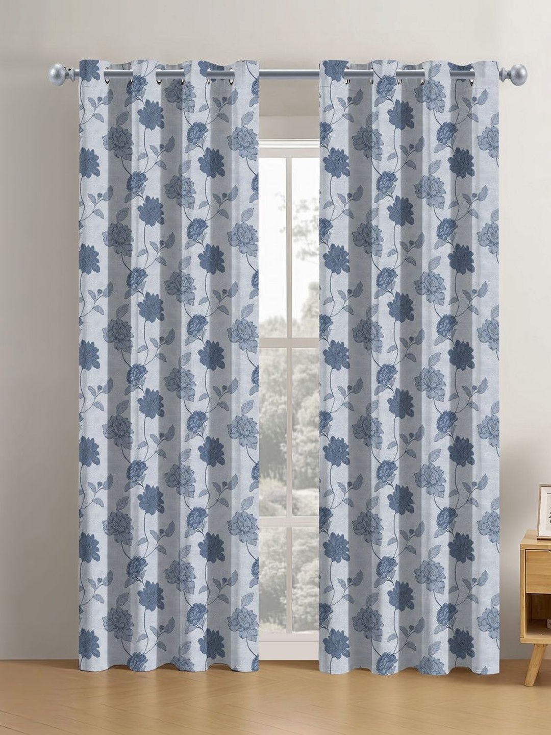 Aura Aura Blue Set of 2 Digital Polyester Floral Long Door Curtain (9 x 4) ft