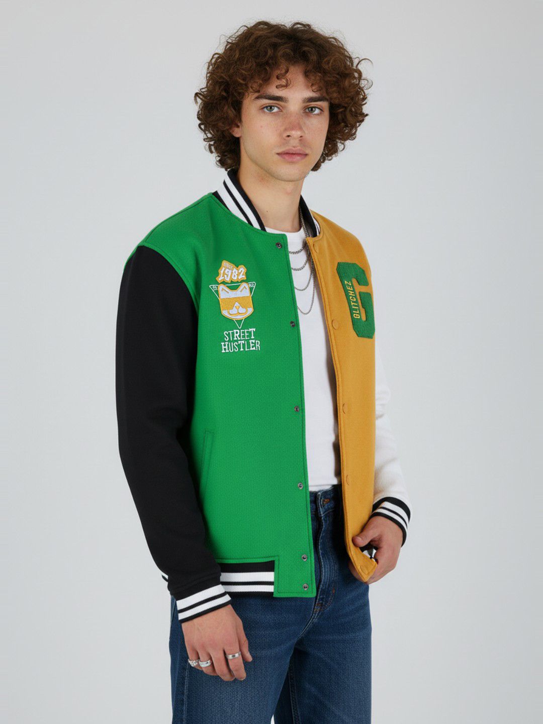 glitchez Colourblocked Varsity Jacket with Embroidered Details