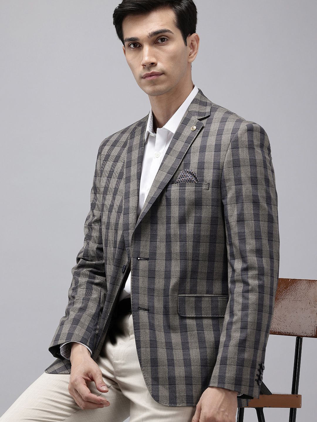 Theme Checked Notched Lapel Collar Slim-Fit Single-Breasted Formal Blazer