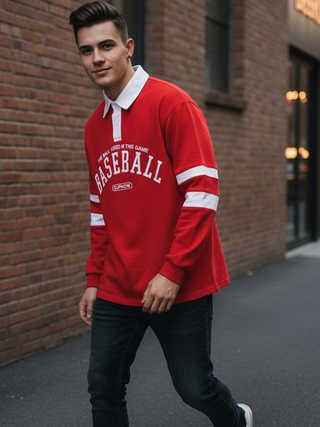 AVEJO Men Typography Printed Polo Collar Long Sleeves Relaxed Fit T-shirt