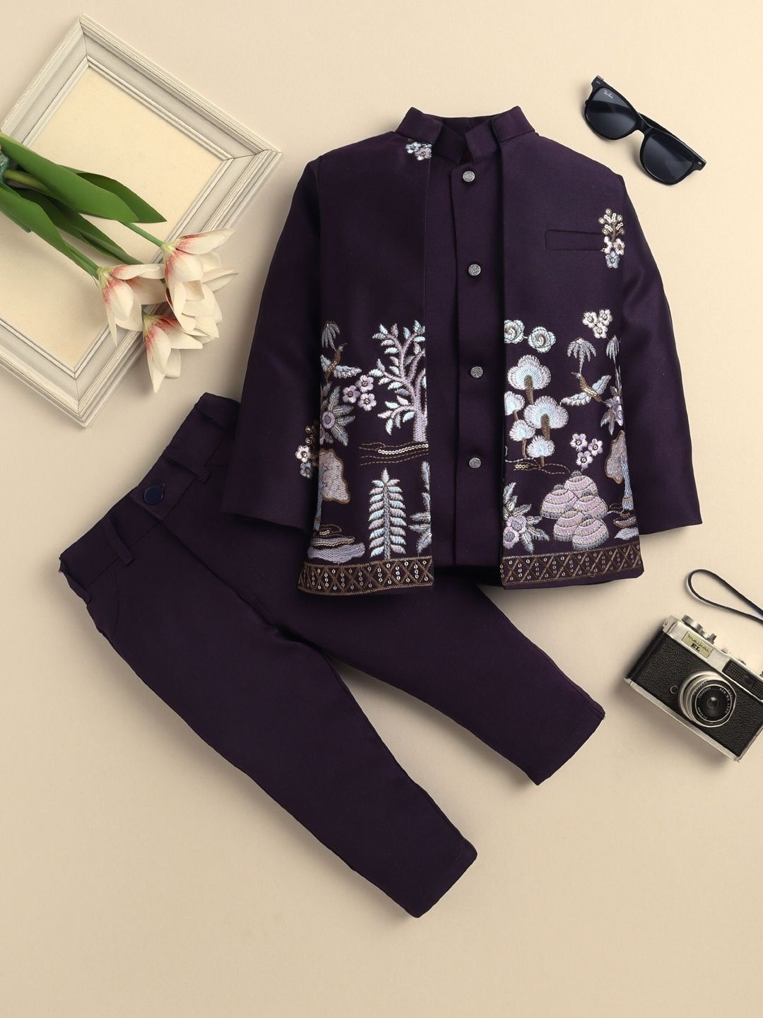 Sangria Boys Embroidered Mandarin Collar Sherwani Set