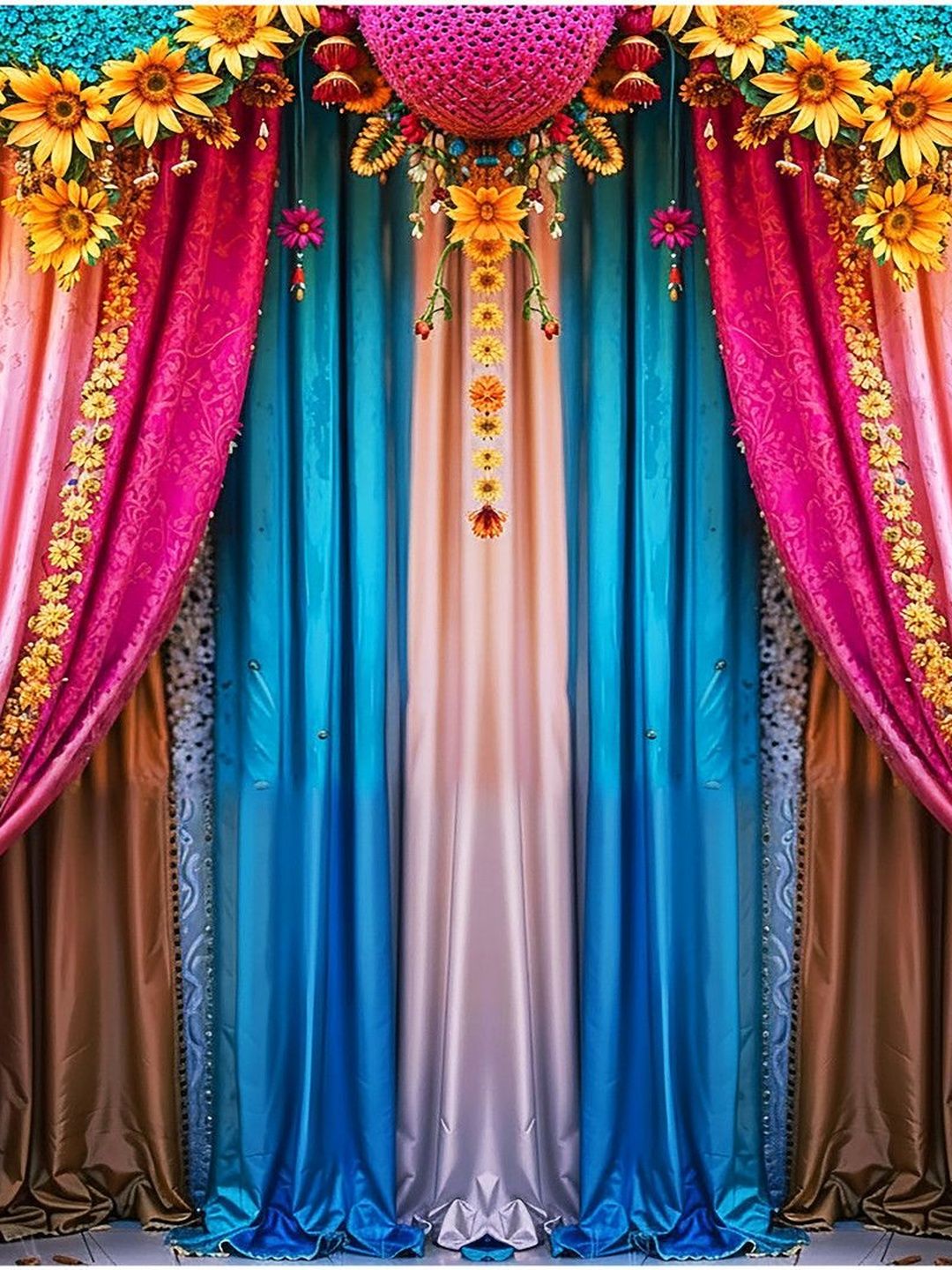 Aura Pink & Blue Floral Curtain Backdrop