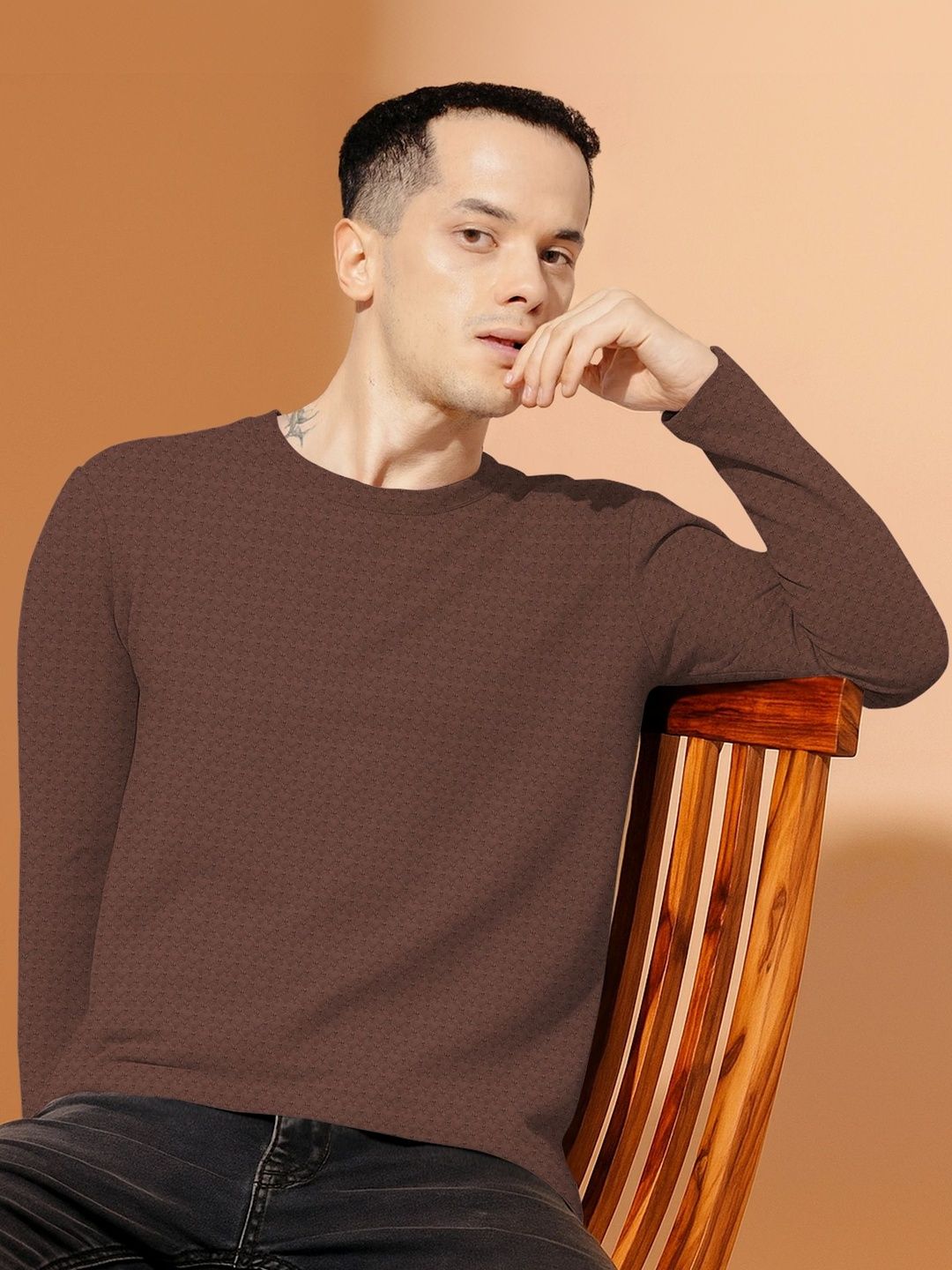 KAJARU Men Long Sleeves Self Design T-shirt