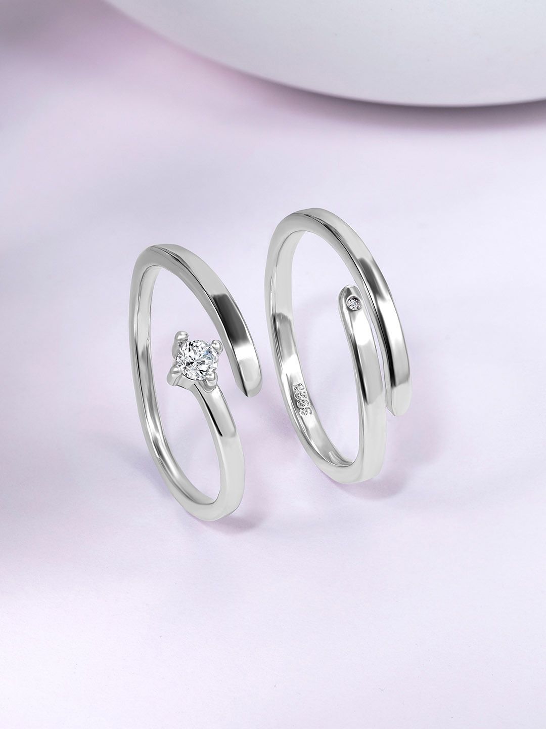 Peora Silver-Toned Platinum-Plated Stone-Studded Couple Ring Set