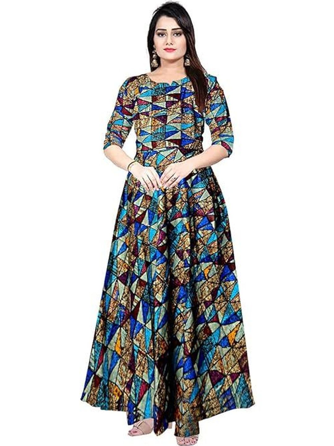 chinese dress ladies Buy Fabindia Women's Blue Cotton Printed Maxi Dress Ankle Length  2112963BLUE at Amazon.in