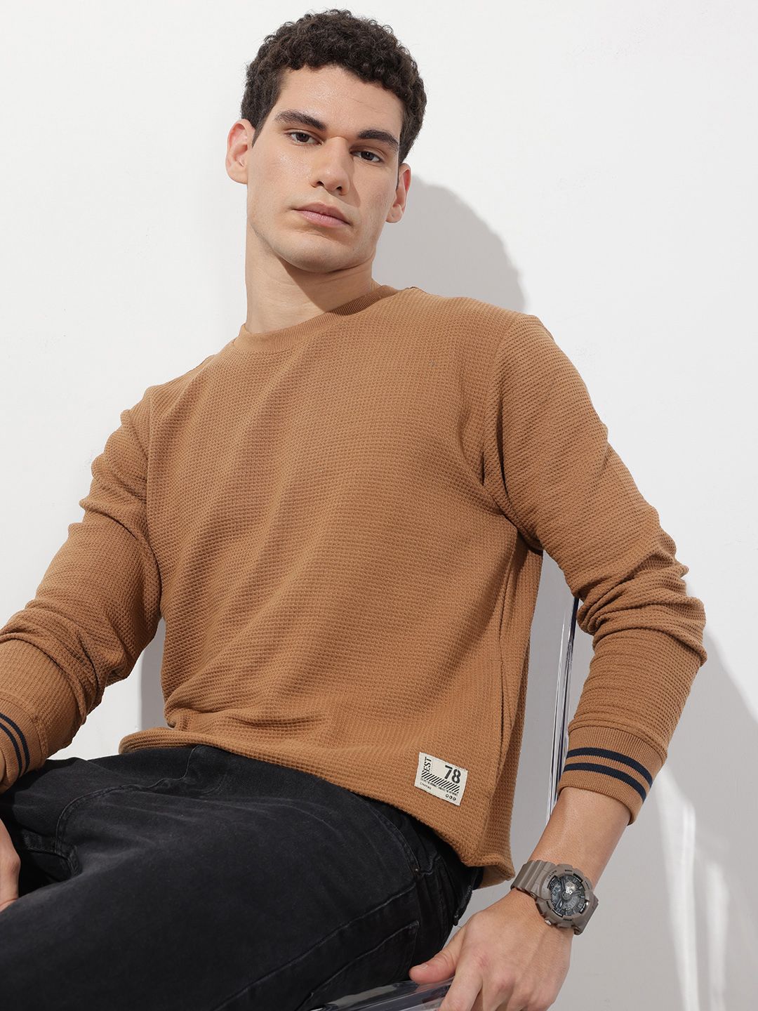 The Roadster Life Co. Self Designed Round Neck Knitted Sweatshirt